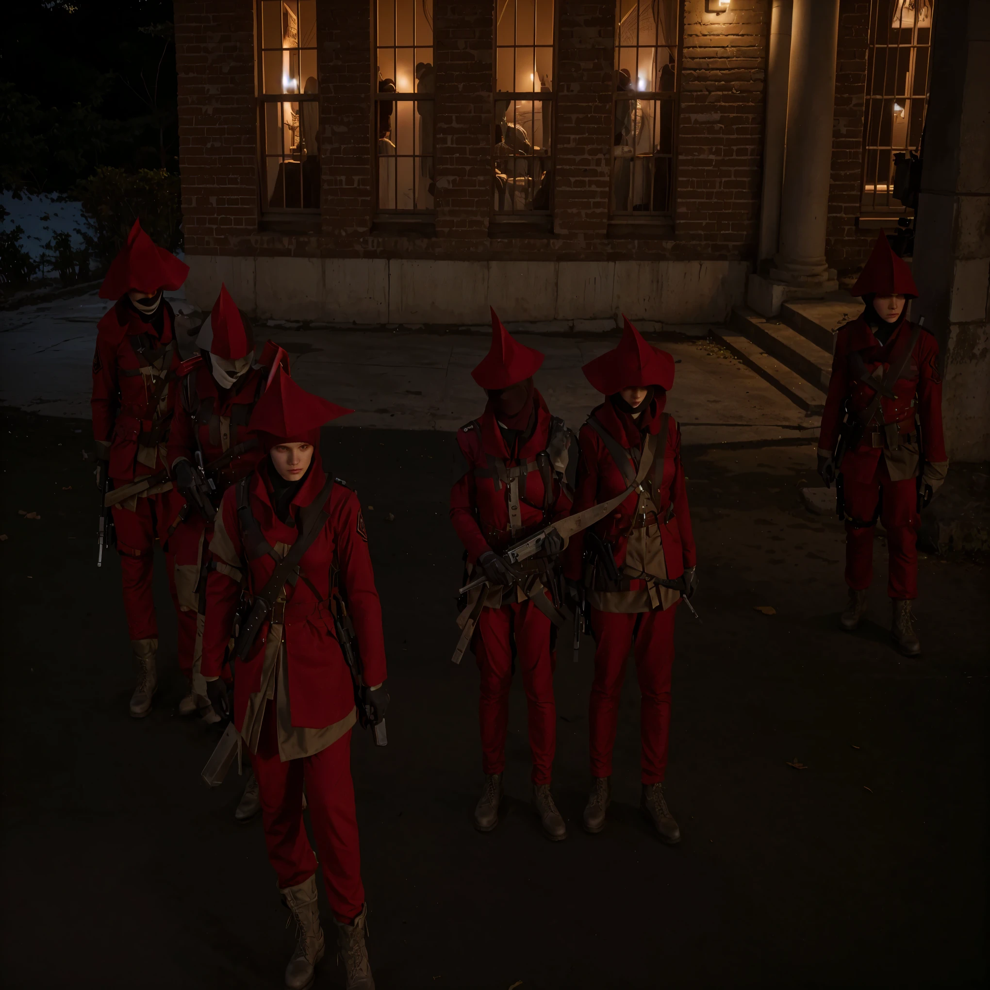 there are many people dressed in red clothes outside a building, muitos npcs nas ruas, no jogo, soldados mortos-vivos em segundo plano, sangue e soldados mortos, no jogo, no jogo, Uniforme Vermelho, guardas intricate, vestes vermelhas, capital da fantasia de pederneira, capuzes vermelhos, several soldiers, em Assassin's Creed 3, traje carmesim, guardas