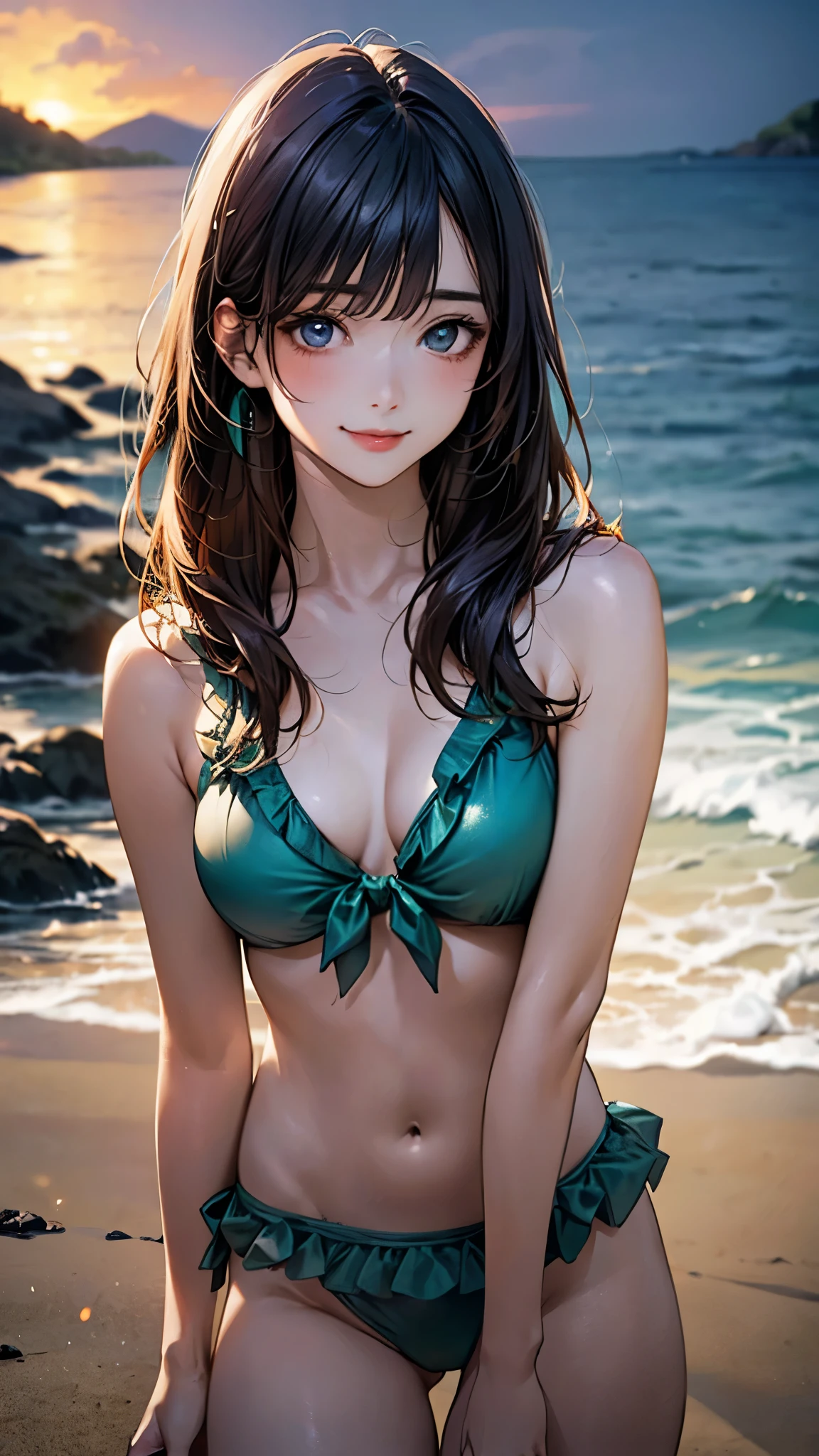 (masterpiece:1.2, top-quality), (realistic, photorealistic:1.4), beautiful illustration, (natural side lighting, movie lighting),
looking at viewer, cowboy shot, front view:0.6, 1 girl, japanese, high school girl, perfect face, cute and symmetrical face, shiny skin,
(long hair:1.4, hime cut:1.5, navy hair), blunt bangs, blue eyes, long eye lasher, (medium breasts, thick thighs), slender,
beautiful hair, beautiful face, beautiful detailed eyes, beautiful clavicle, beautiful body, beautiful chest, beautiful thigh, beautiful legs, beautiful fingers,
(detailed cloth texture, emerald green frilled bikini:1.2),
(beautiful scenery), evening, (tropical beach), , (lovely smile, upper eyes),