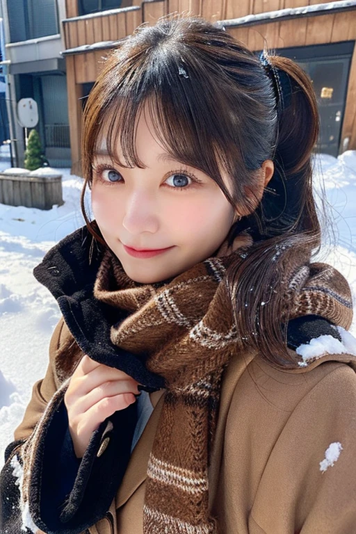 30 year old Japanese woman、Very adorable and cute、Narrow eyes、Narrow eyes、Black jacket、Brown scarf、Upper Body Shot、A mole on the mouth、Wave、ponytail、Hide your chest、Alone in the snow、high resolution、Crying face