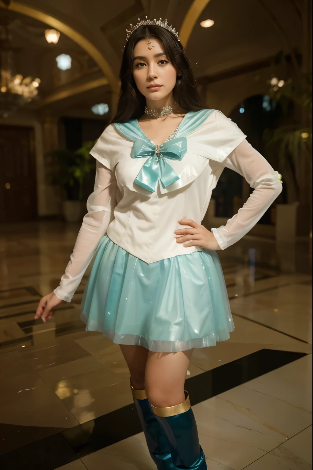 (Best quality, 8k, 32k, Masterpiece, UHD:1.2) "Imagine the stunning and ethereal Crystal Palace from the world of Sailor Moon. Describe an awe-inspiring palace made entirely of crystal, towering majestically in the center of Crystal Tokyo. The palace glows with a radiant, otherworldly light, reflecting and refracting the colors of the rainbow through its transparent walls and spires.
The architecture is a blend of futuristic design and regal elegance, with tall, slender towers that reach towards the sky and intricate detailing that glistens like diamonds. The main hall of the palace is a vast, open space with high ceilings and grand chandeliers made of crystal that cast shimmering light across the room. The floors are smooth and mirror-like, creating a sense of endless space and light.
Surrounding the palace are lush gardens filled with vibrant, otherworldly flora that bloom in the presence of the palace's magic. Fountains of crystal-clear water create soothing sounds, and pathways made of crystalline stones lead visitors through the gardens to the palace entrance.
Inside the palace, rooms are adorned with delicate crystal furnishings and soft, glowing light that creates a serene and peaceful atmosphere. The throne room, where Neo-Queen Serenity and King Endymion preside, is the heart of the palace, featuring a grand throne made of the purest crystal and surrounded by shimmering curtains and elegant décor.
Describe the daily life within the Crystal Palace, the activities of its royal inhabitants, and the interactions between the Sailor Guardians as they protect and govern Crystal Tokyo. Highlight the sense of peace, beauty, and magic that permeates the palace, making it a symbol of hope and prosperity in the Sailor Moon universe."