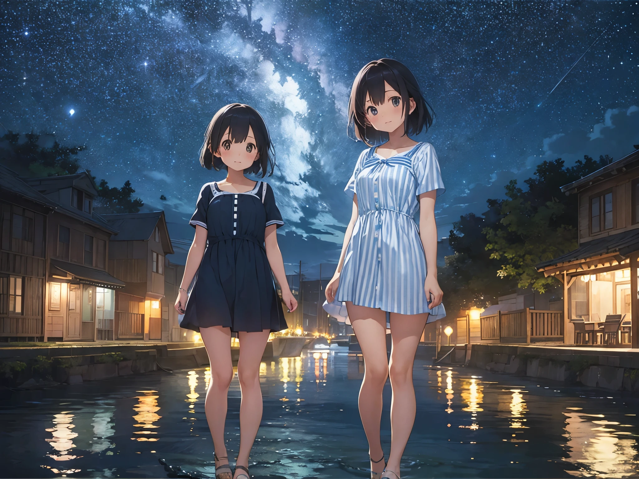 Big Dipper、Night view of the port town and starry sky、Blue and white striped shirt dress、Sandals for bare feet、Sisters