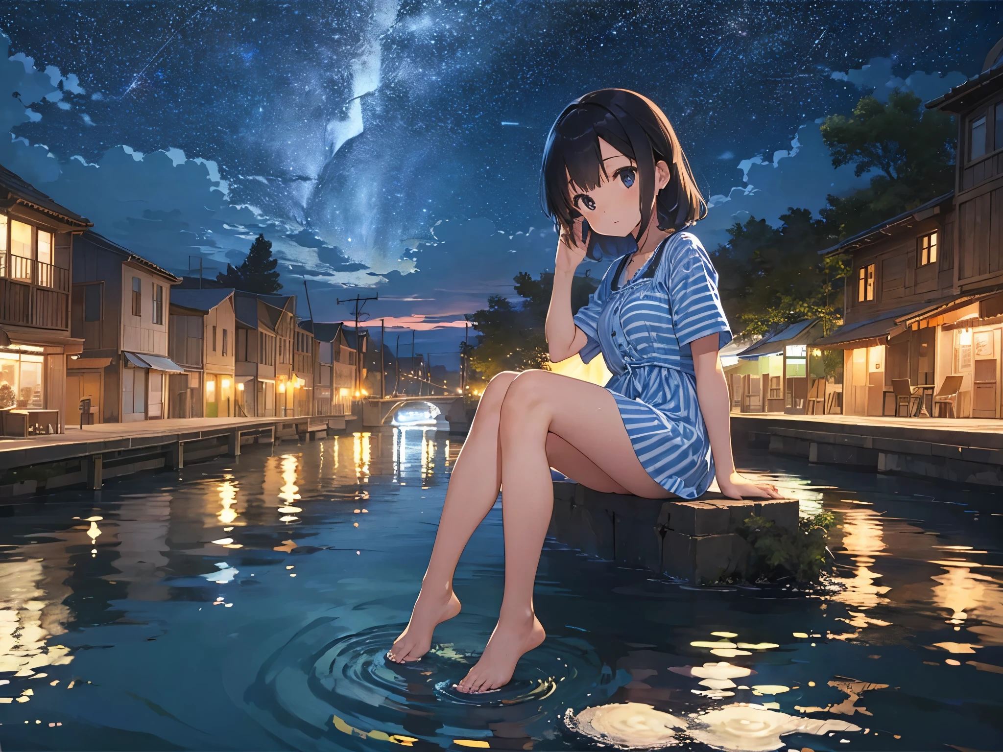 Big Dipper、Night view of the port town and starry sky、Blue and white striped shirt dress、Sandals for bare feet、Sisters