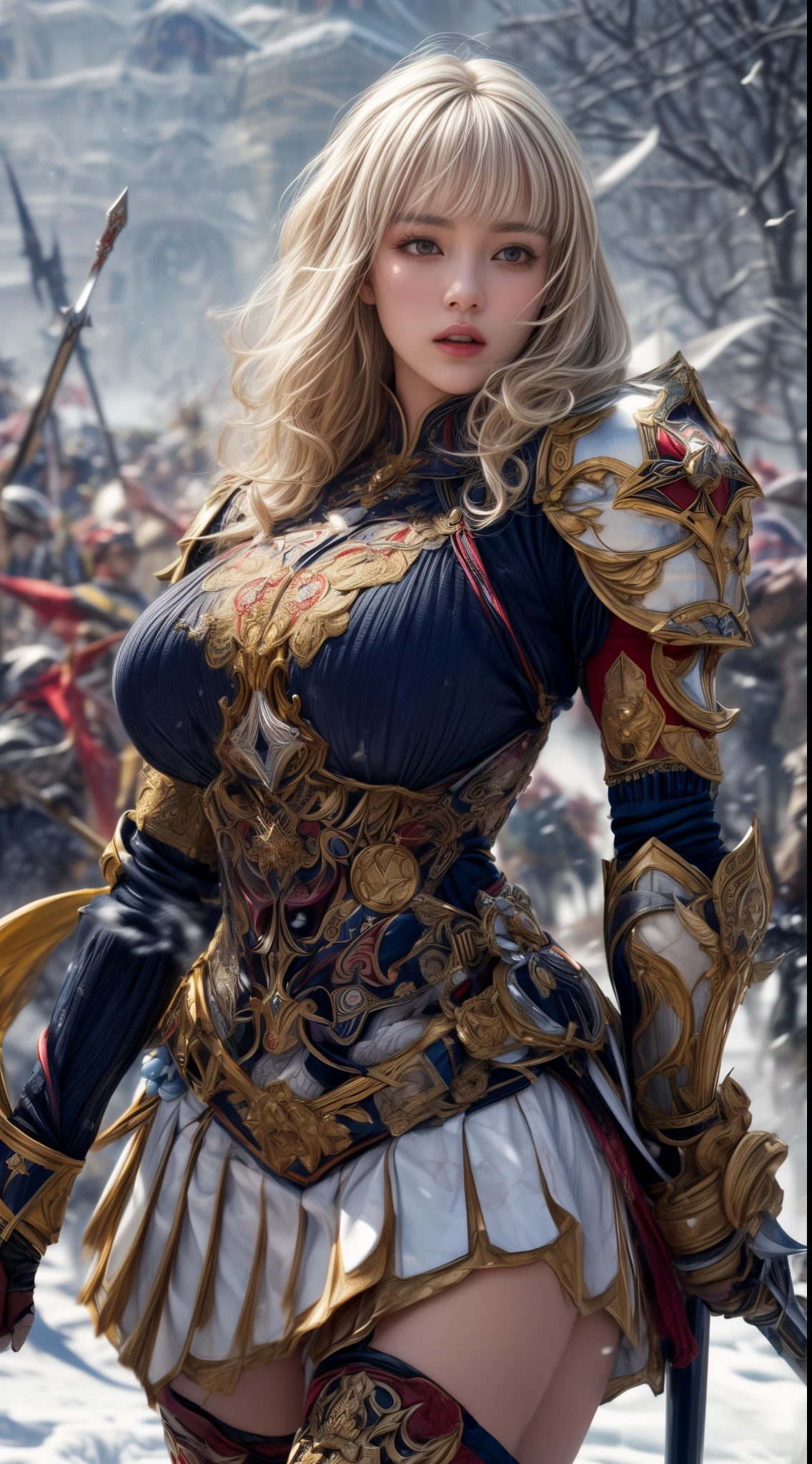 Very beautiful woman、Slender women、(Detailed face)、Realistic Skin、((holy knight)), ((Pearl White Armor))、((((Black armor with very fine and intricate decoration:1.1))))、((Delicate photo)),(Girl Astepeace RAW Photo Details:1.25), (highest quality:1.6), (超A high resolution:1.5), (Realistic:1.75), 8K resolution, Canon EOS R5, 50mm, Absurd, Ultra-detailed,Cinema Lighting,((battlefield))、((battle))、(((White skirt with embellishments)))、Thigh-high socks、Shin Guards、((Blonde))、((Curly Hair))、((Drill Hair))、((Wavy short hair with bangs,))、Get six-pack、Cape、Beautiful Armor、(((Has a huge weapon)))、(In combat)、The wind is blowing、((Symmetrical Armor))、((((Blizzard))))、(((Leading a large group of knights:1.2)))、Banner、Armor with a snow and ice motif、(((Battle Scene)))、((nsfw:1.1))