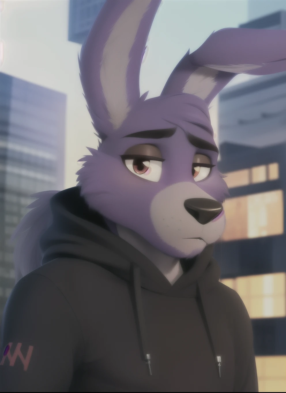 bonnie, furry feminine male anthro, purple body, long hair, rabbit boy, portrait, close-up,  (black hoodie:1.2),  fur trim, solo, (body fur:1.2), (best quality), (detailed urban background:1.2), (detailed fluffy fur:1.1), looking at viewer,  