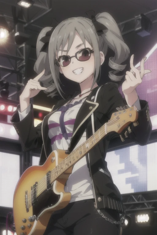 (((pixel-perfect, detail-perfect))), solo, 1girl, ranko kanzaki, sunglasses, mad face, grin, shirt white, black jacket, smile, looking at viewer, holding guitar, live stage