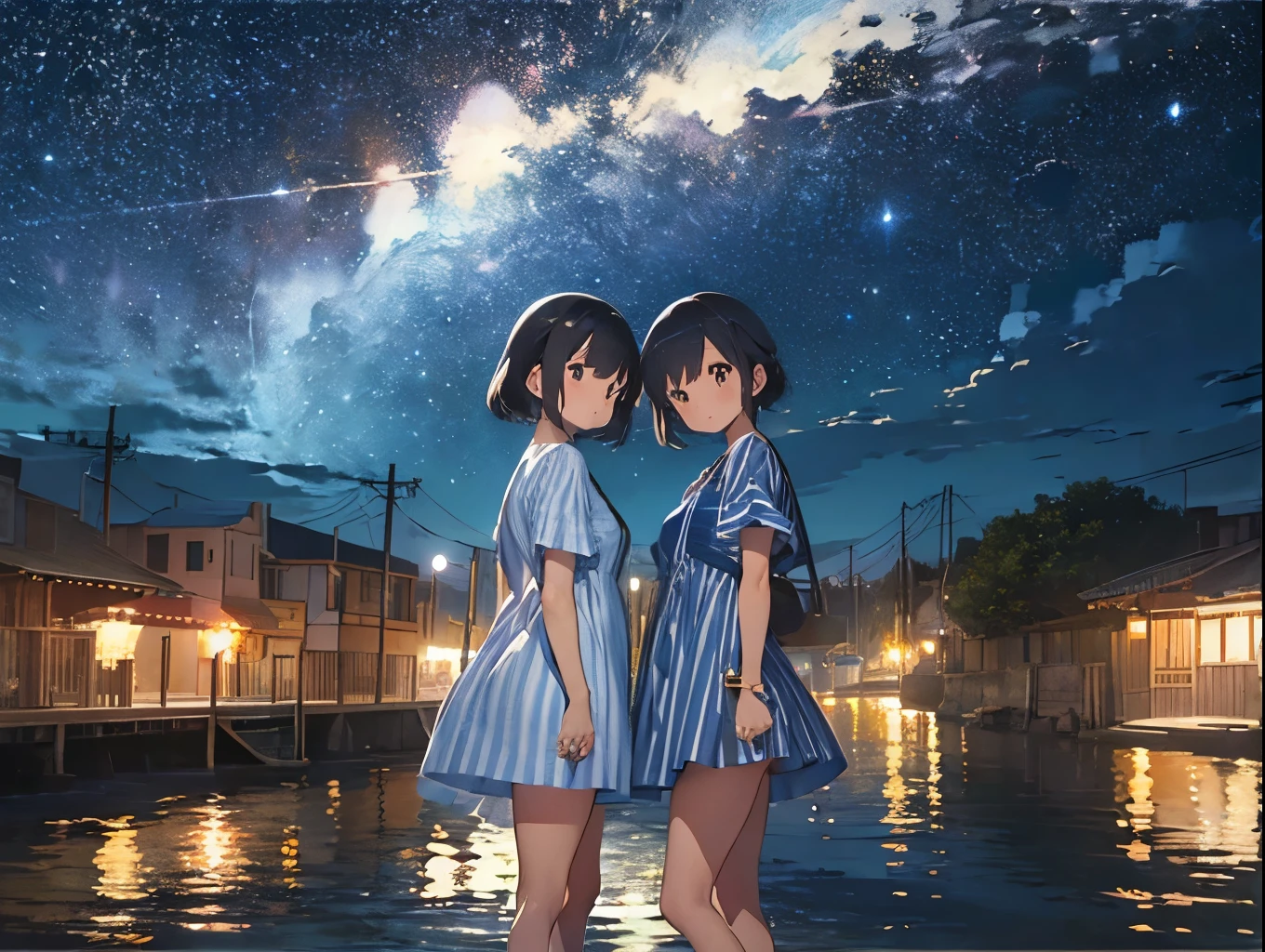 Big Dipper、Night view of the port town and starry sky、Blue and white striped shirt dress、Sandals for bare feet、Sisters