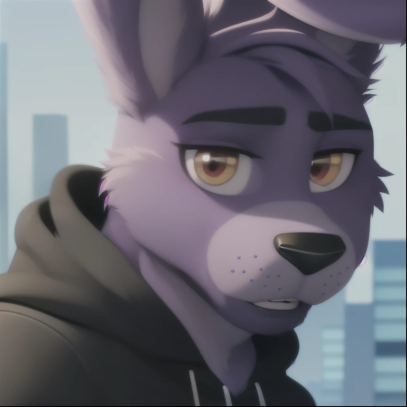 bonnie, furry feminine male anthro, purple body, long hair, rabbit boy, portrait, close-up,  (black hoodie:1.2),  fur trim, solo, (body fur:1.2), (best quality), (detailed urban background:1.2), (detailed fluffy fur:1.1), looking at viewer,  