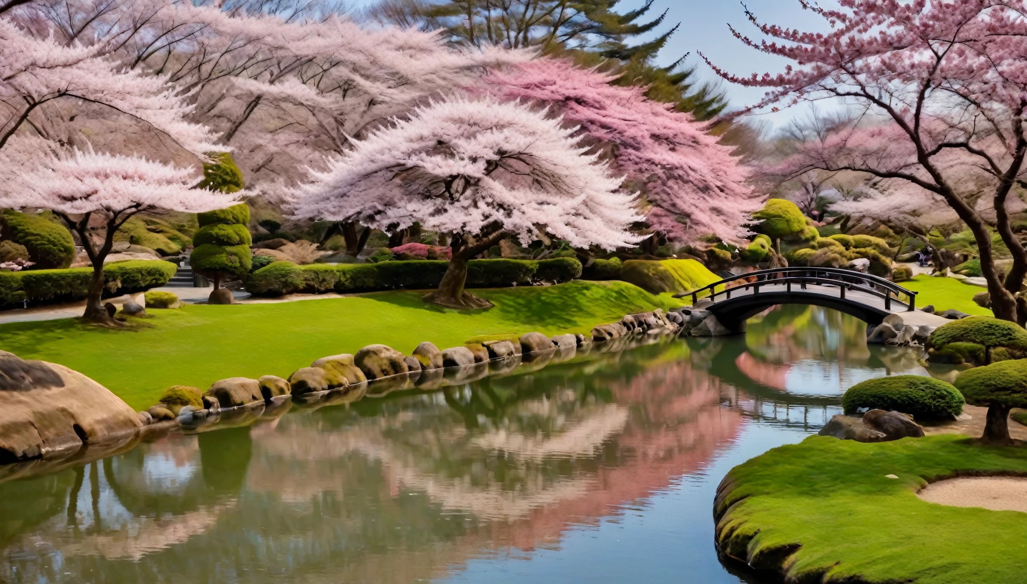 An alluring figure in a tranquil Japanese garden during cherry blossom season, a blend of natural beauty and serenity, cherry blossom floating in the air