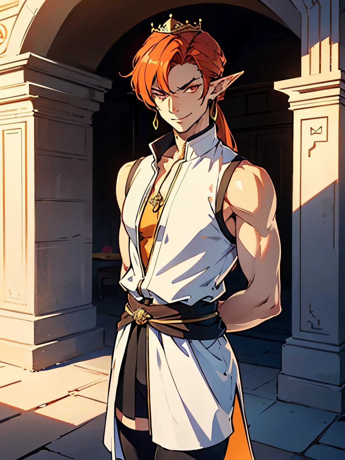 Masterpiece, best quality, (1_man), ((male body)), thin, handsome, flamboyant, tall, ((upper body)), walking, looking at the viewer, man chest, sinister face, (cocky smirk), smirking, long elf ears, earrings, orange hair, long hair length, red eyes, (((facing the viewer))), centered shot, portrait shot, looking at viewer, wearing beautiful gold elfish dress, tunic, tight clothes, sleeveless, golden bracelets, (arms behind back), golden crown, (thigh highs), dark eyeliner, beautiful appearance, masterpiece, high quality, sunny day, summer, tall white marble walls, courtyard, garden in a castle courtyard, medieval desert style,