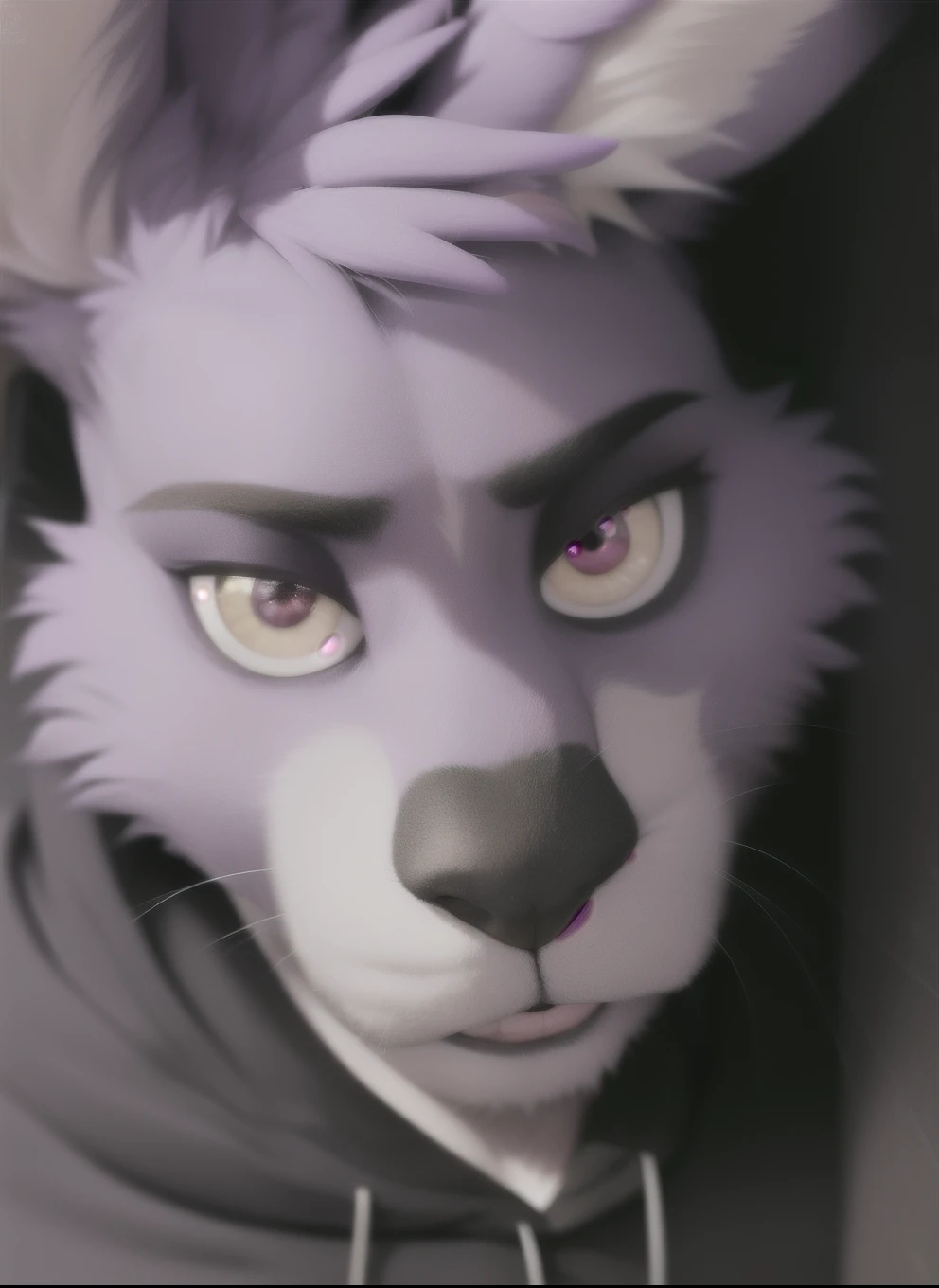 bonnie, furry feminine male anthro, purple body, long hair, rabbit boy, portrait, close-up,  (black hoodie:1.2),  fur trim, solo, (body fur:1.2), (best quality), (detailed urban background:1.2), (detailed fluffy fur:1.1), looking at viewer,  