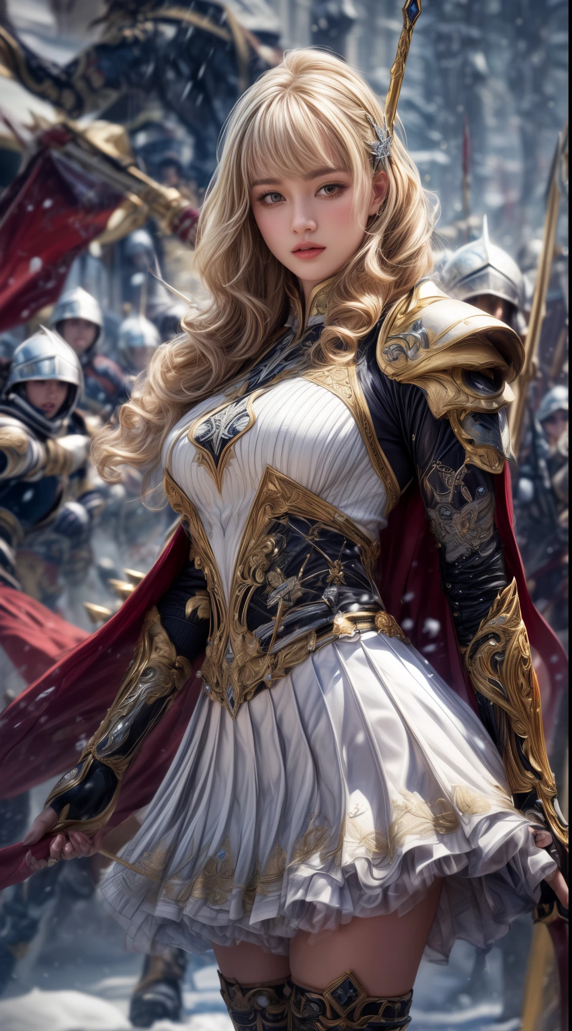 Very beautiful woman、Slender women、(Detailed face)、Realistic Skin、((holy knight)), ((Pearl White Armor))、((((Black armor with very fine and intricate decoration:1.1))))、((Delicate photo))，(Girl Astepeace RAW Photo Details:1.25), (highest quality:1.6), (超A high resolution:1.5), (Realistic:1.75), 8K resolution, Canon EOS R5, 50mm, Absurd, Ultra-detailed,Cinema Lighting,((battlefield))、((battle))、(((White skirt with embellishments)))、Thigh-high socks、Shin Guards、((Blonde))、((Curly Hair))、((Drill Hair))、((Wavy short hair with bangs,))、Get six-pack、Cape、Beautiful Armor、(((Has a huge weapon)))、(In combat)、The wind is blowing、((Symmetrical Armor))、((((Blizzard))))、(((Leading a large group of knights:1.2)))、Banner、Armor with a snow and ice motif、(((Battle Scene)))、((nsfw:1.1))、(Underwear visible)