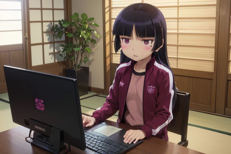 ((ruri gokou)), long hair, blush, black hair, 1girl, pants, mole, mole under eye, wine red track jacket, track suit, wine red track pants, pink shirt, green round neck, unzip jacket, Japanese-style house, Private room, Sit on a chair, (One laptop), (Look at the monitor screen), tatami, Shoji screen, Bookshelf, indoor, daily, relax, Natural light, Small window, Crate windows, Blackout curtains, Foliage plant, desk, family,