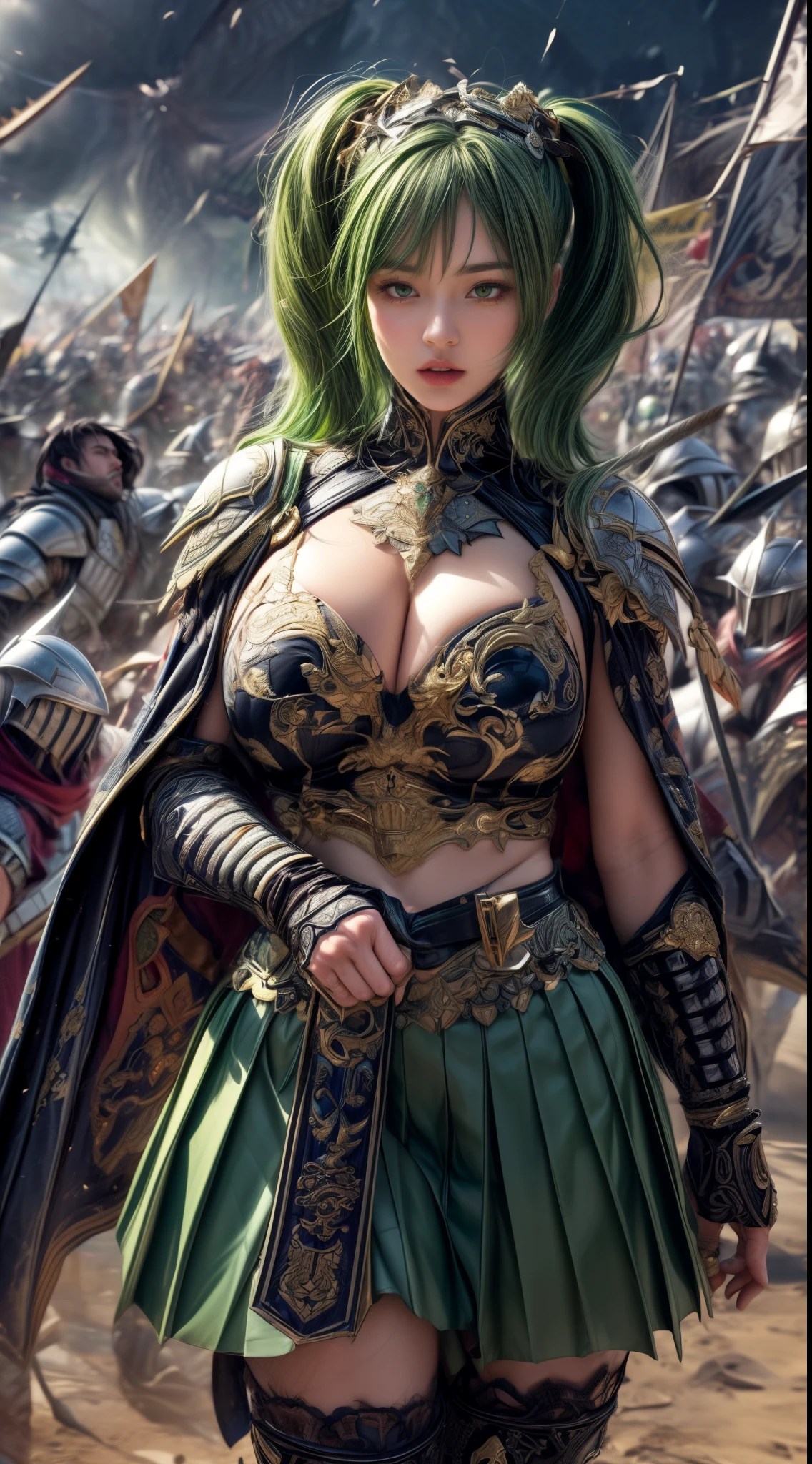 Very cute 、No makeup、Slender、(((low length)))、(Detailed face)、Realistic Skin、((Wind Knight)), ((Dark Green Armor))、((((Deep green armor with very fine and intricate gold detailing:1.5))))、((Delicate photo)),(Girl Astepeace RAW Photo Details:1.25), (highest quality:1.6), (超A high resolution:1.5), (Realistic:1.75), 8K resolution, Canon EOS R5, 50mm, Absurd, Ultra-detailed,Cinema Lighting,((battlefield))、((battle))、(((Embellished black skirt)))、Thigh-high socks、Shin Guards、((pastel green hair))、((Low Twintails))、((Hairstyle with bangulticolored Hair))、(Six-pack)、Cape、Beautiful Armor、(((Has a huge weapon)))、(In combat)、The wind is blowing、((Symmetrical Armor))、((((tornado))))、(((Leading a large group of knights:1.2)))、Banner、Lion-themed armor、(((Battle Scene)))、(((Dark green lion)))、((nsfw))