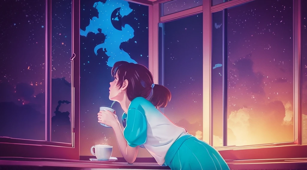 City pop colours、holding a coffee cup