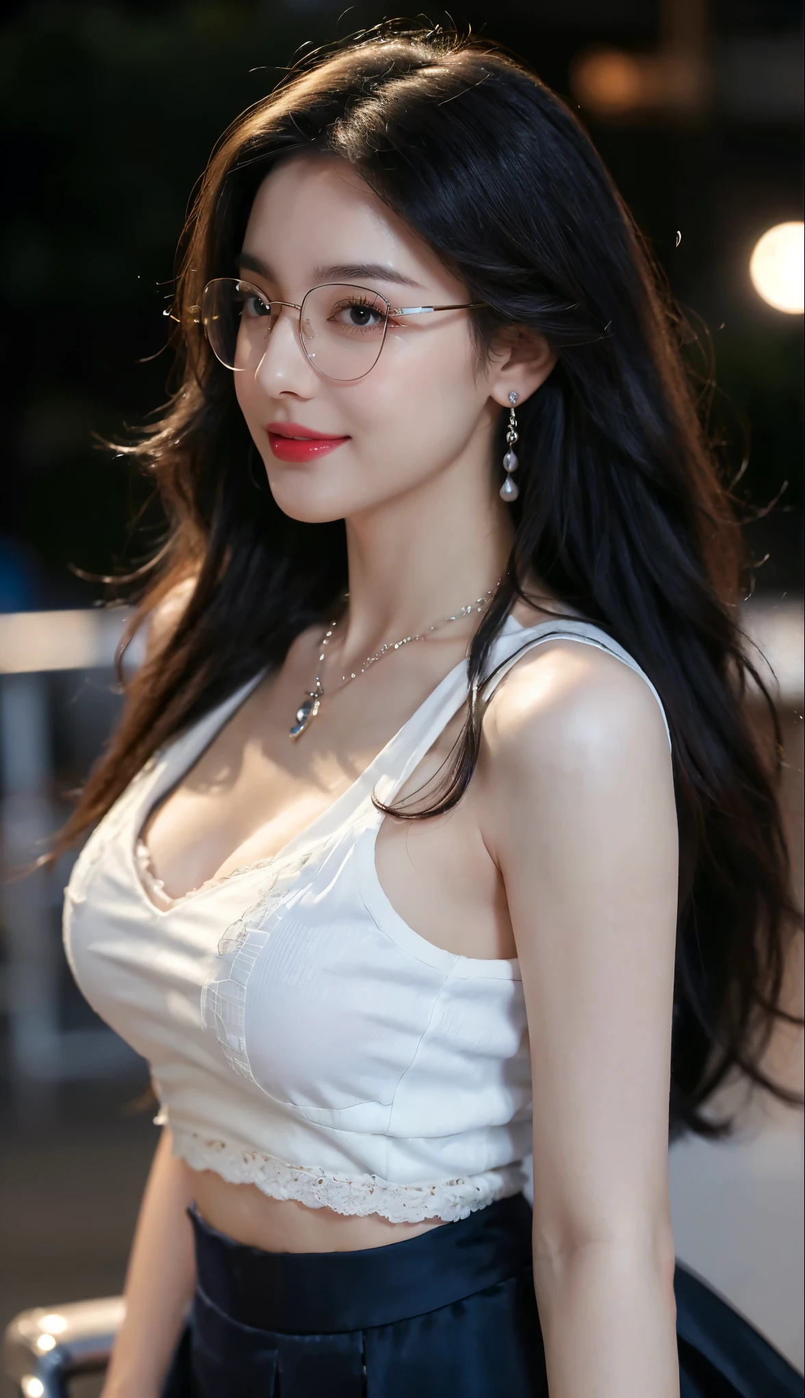 (Canon RF85mm f/1.2), (8K, RAW photos, best quality), (masterpiece), (Practical, photograph Practical), (Extremely detailed, High Detail, Best image quality, Super detailed, high resolution, Very detailed, Extremely detailed的描述, Super Fine, Extremely exquisite and beautiful work), Beautiful and delicate girl, Solo Girl, ((Perfect body)), Very detailed eyes and face, White skin, Noble beauty, ((Delicate skin texture, Pores)), Perfect anatomical structure, Delicate and beautiful body, Delicate face, Slim abs, Slim waist), Big buttocks, (Large Breasts, Breast enlargement), (cleveage), (Affectionate gaze, soulful eyes, Glowing eyes), (beautiful and clear eyes), (Bounce Curly Messy Long Hair), (Smile:1.2), (Fascinated expression), (Attractive appearance), ((Blue unbuttoned basic shirt)), ((Layered black skirt)), ((Lace stockings)), ((wear glasses)), earrings, necklace, ((night)), ((Street view, moonlight)), Physically Based Rendering, Realistic lighting, (((Upper Body))), ((looking at the audience)), ((permanent)), ((Happy and shy))