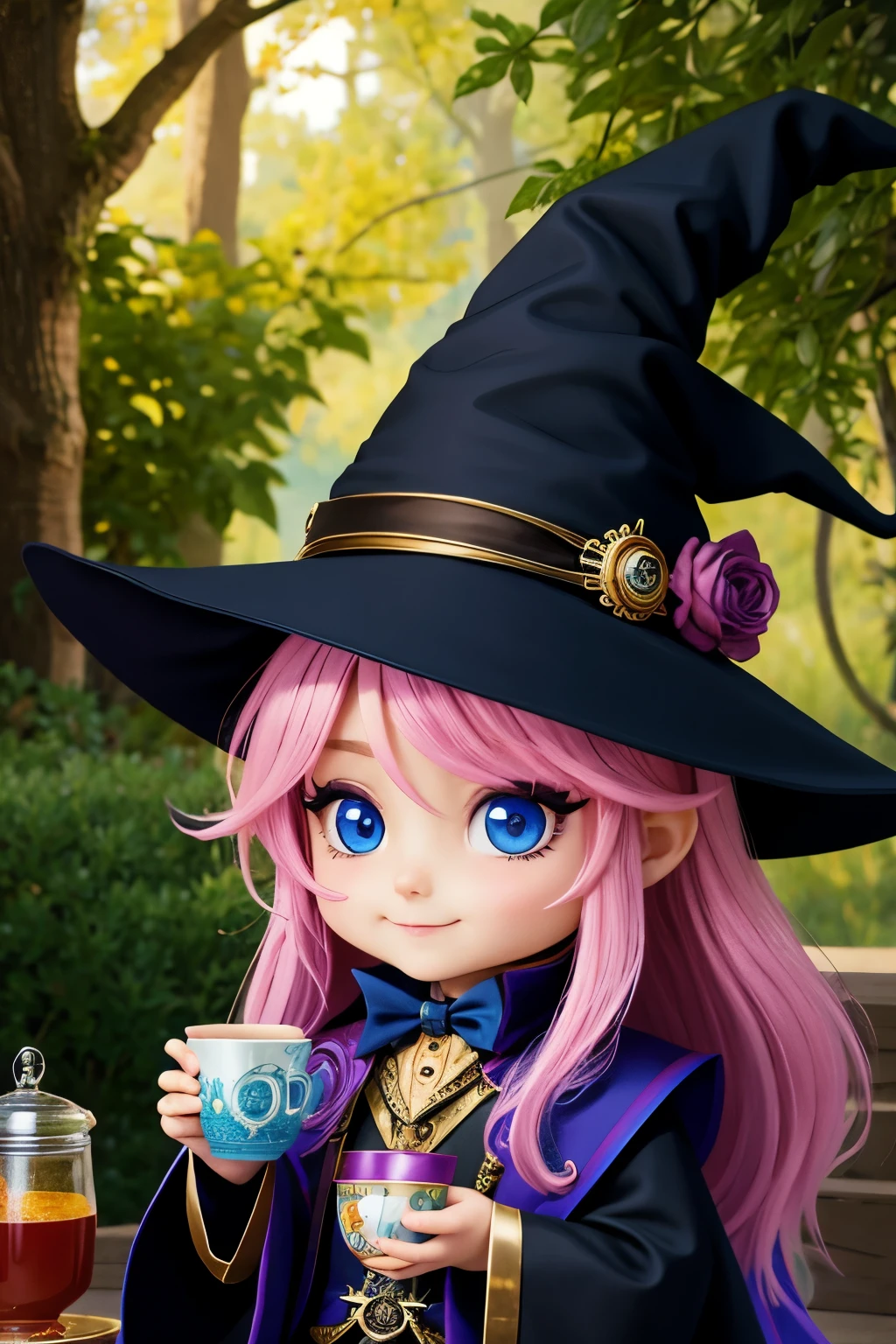 Masterpiece, best quality, wizard tea party, chibi, handsome male witch, beautiful witch, highly detailed realistic eyes, happy, vibrant, colorful,