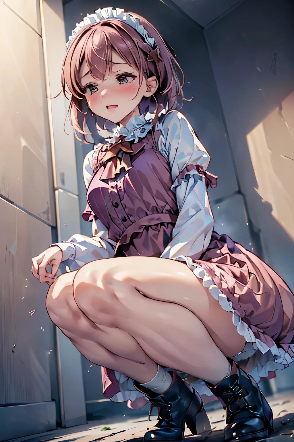 (8K, ultra-detailed, best quality, anatomically perfect body:1.5), (small breast:1.2), shiny skin, (1 girl), (have to pee:1.1), (urge to pee:1.2), (peeing self), (very desperate to pee:1.3), (takes to bathroom), (waiting for bathroom with line), (squatting), (Each one has a different blouse), (Each one has a different maxi ta dress:1.4), petticoat, (Each one has a different short boots:1.1), (Each one has a different hair), (knees together and feet apart:1.4), (Rub each other's knees:1.2), (leaning forward:1.3), (hand between legs), (holding the crotch:1.5), (orgasm:1.5), (blush:1.2), (embarrassment:1.1), (impatience:1.4), (flustered:1.2), (fidgeting around:1.5), foot stomping, flowing sweat, (erotic waist twist:1.3), (panting), (breathless:1.4), Erotic feelings, (close eyes, closed mouth:0.9), (orgasm), (looking away:1.2), from side, (low_angle_human:1.2), (upskirt panties:1.2),