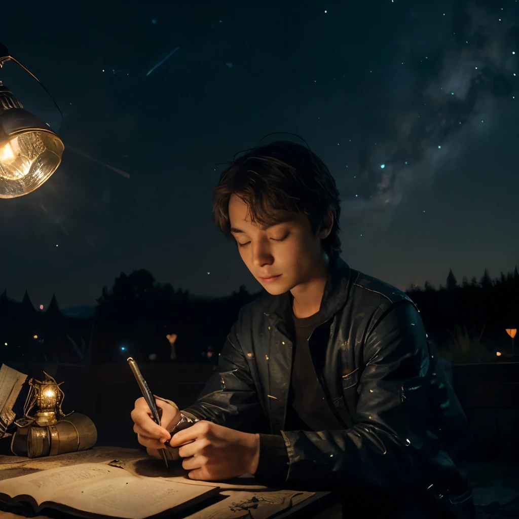 Create images with this reference to edit a video ElysianWanderer ( like a boy writer in the background of a night sky with many stars accompanied by a lamp sitting on the ground writing surrounded by fireflies Explorer of worlds and teller of stories, with a heart as vast as the universe and a mind eager for knowledge. 