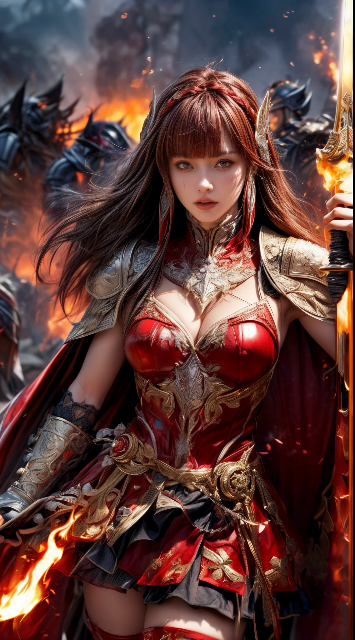 Very beautiful woman、Slender women、(Detailed face)、Realistic Skin、((Knight of Fire)), (((Red Armor:1.25)))、((((Black armor with very fine and intricate decoration))))、((Delicate photo))，(Girl Astepeace RAW Photo Details:1.25), (highest quality:1.6), (超A high resolution:1.5), (Realistic:1.75), 8K resolution, Canon EOS R5, 50mm, Absurd, Ultra-detailed,Cinema Lighting,Battlefields of Medieval Europe、((battle))、RPG World、Final Fantasy、(((Embellished skirt)))、Thigh-high socks、Shin Guards、night、((too long bangs))、((One long thick dark red hair braid))、Get six-pack、Torn Cloak、Beautiful Armor、(((Giant Sword)))、In combat、The wind is blowing、(((Inferno filling the entire area)))、(((Leading a large group of red knights)))、(((Knight Commander)))、Armor with a Phoenix motif、Old scar on right cheek:1.2、((Fire blaze))、(((Battle Scene)))、((nsfw:1.1))、(((Underwear visible)))