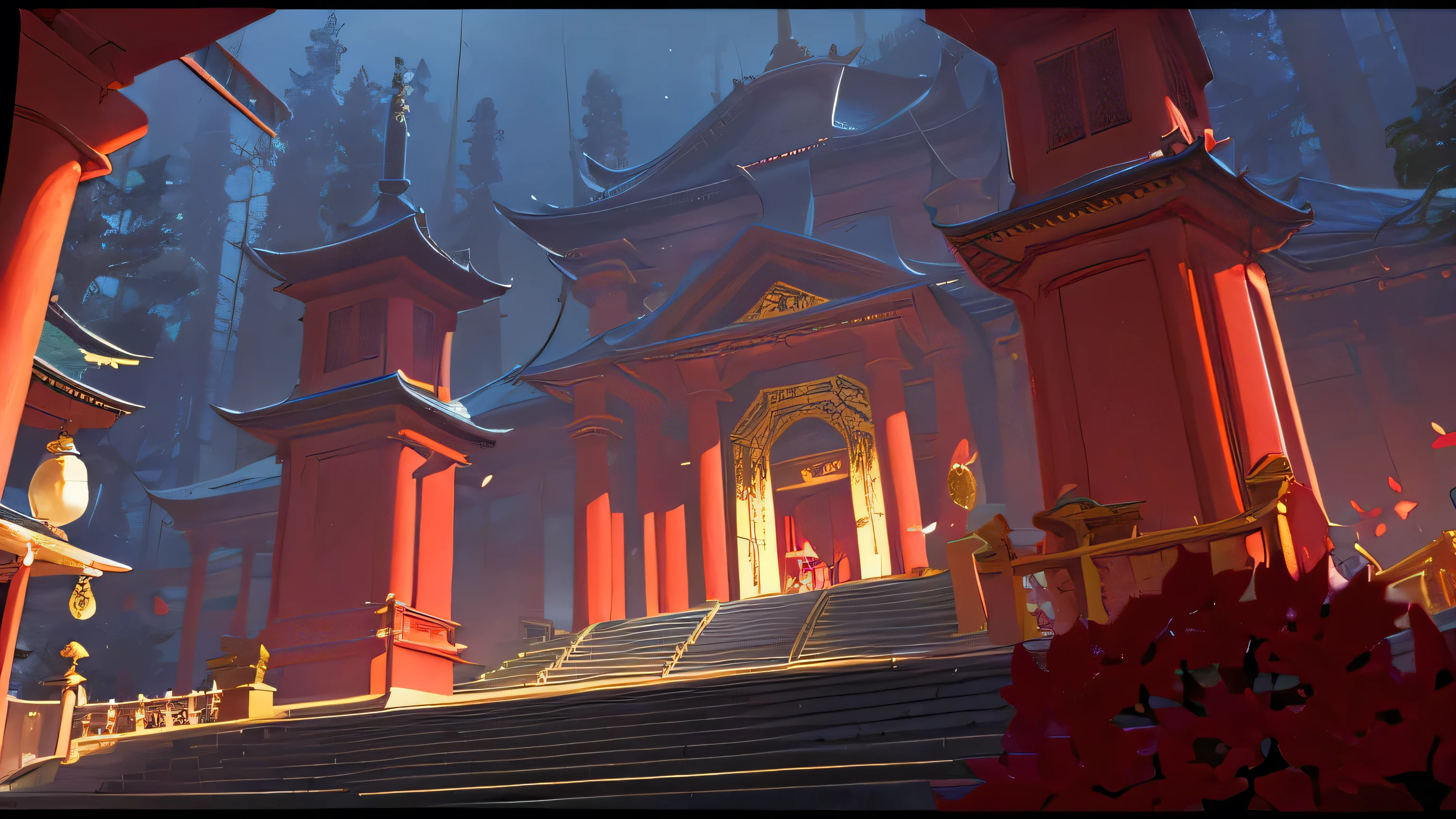 A detailed, serene Chinese temple nestled in a lush red forest, surrounded by vibrant red flowers and towering red trees, with a mystical red moon shining overhead
(best quality,4k,8k,highres,masterpiece:1.2),ultra-detailed,(realistic,photorealistic,photo-realistic:1.37),chinese temple,red forest,red flowers,higambana,red moon,wolf statue,intricate architectural details,dramatic lighting,ethereal atmosphere,vivid colors,cinematic composition