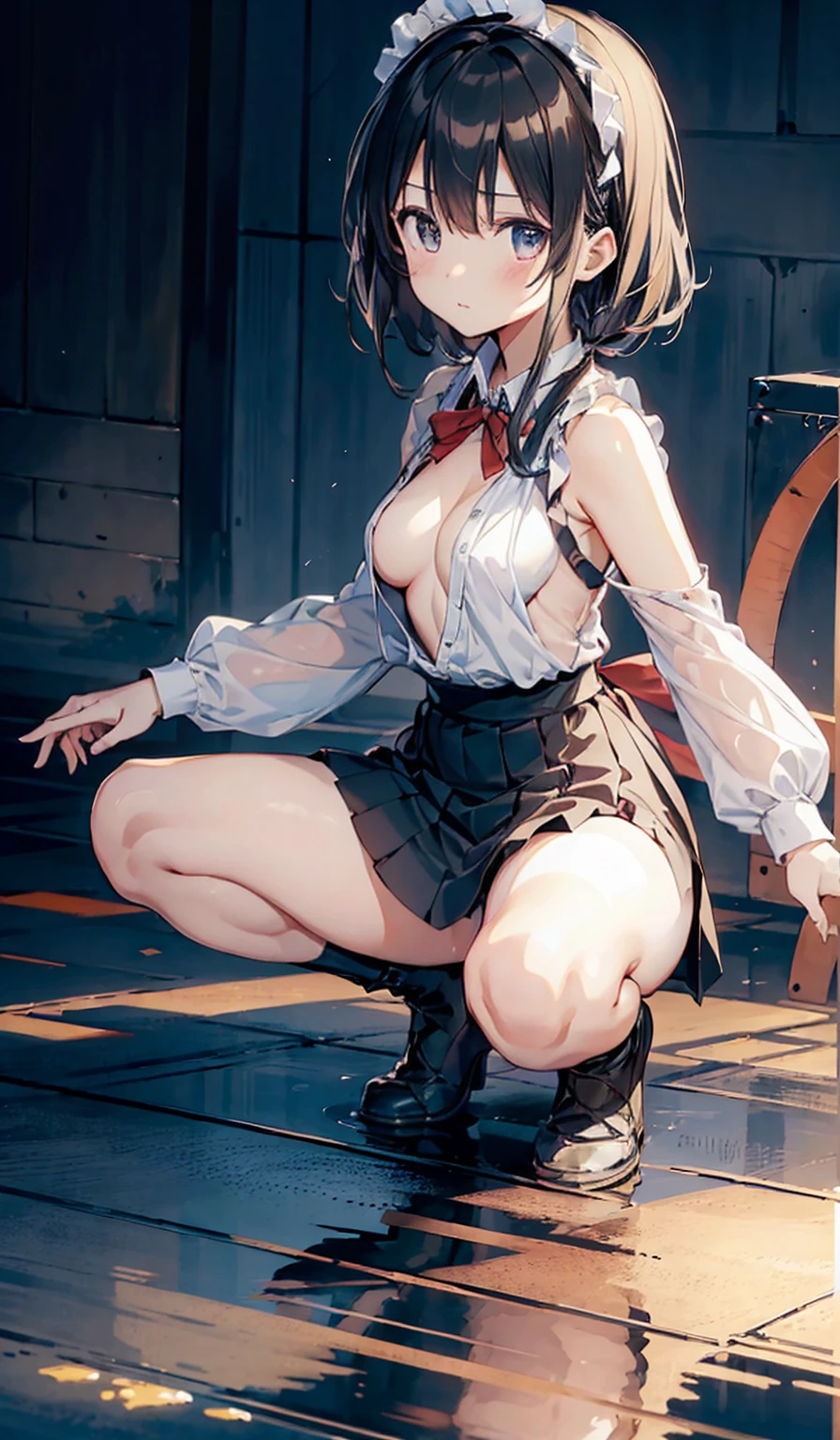 NSFW,(masterpiece:1.5, highest quality,8K), ((Ultra-high resolution、Very delicate、Optimal Configuration、beautiful light shines、unity 8k wallpaper, beautiful3Dアニメーション))、((beautiful, fine grain: 1.2)), Extremely detailed CG,BREAK (Perfect hands, Perfect Anatomy,Detailed Eyes:1.5,Fine eyes:1.5),(((hyoudou michiru, solo, black thighhighs, maid headdress, detached sleeves, black skirt, sleeveless shirt, white shirt, red ribbon, frilled apron))), (((Pay attention to the panties、Panties as a gift)))、Thick outline:1.3、Fine contours、Distinct colors、Vibrant colors,BREAK 非常にFine eyes、Eyes that reflect the light and shine beautifully:1.3、Highly detailed face、Clear Eyes、beautiful肌、Fair skin、bright、Vibrant colors、(beautiful銀髪:1.3),BREAK (((:1.3))),12 years oldDetailed face, Detailed skin, Detailed clothing, Detailed fingers, Toned Legs,Small waist、Attractive thighs、Amazingly thin legs、Incredibly slim thighs、beautiful太もも、 Beautiful feet、Her thighs are wet with a surprising amount of semen, A lot of milk spills from the mouth,BREAK Extremely heavy sweating,(((Amazingly large breasts:1.3、Amazingly plump and big breasts:1.5,Big Tits:1.5,beautiful胸、beautiful胸の形、Pointed Chest、The tip of the chest is sharp、Amazingly huge amount of cum and very wet all over the boobs:1.3))),BREAK (((Squat with your legs spread out to the side:1.3,Attractive cleavage,Spread your legs 120 degrees to the sides and squat down over a puddle with a diameter of 10 cm:1.5)))、Water dripping from the crotch、Transparent colored pee,BREAK Parts hidden under underwear are exposed BREAK Garters、leg garter、Black knee-high sockini skirt 30cm above the knee、Very small skirt,BREAK (((Small panties exposed:1.3))),BREAK The second, third, and fourth buttons of the shirt are undone、Upper arms exposed、Red collar:1.3,BREAK Brown loafers,BREAK pantypull,pantydrop,panties,(((A great many parts of the clothing are torn and tattered:1.3))),panties around one leg, panties around one ankle ,BREAK Open your mouth and laugh loudly、Ahaha、peace sign、anxiety、Very shy、(((I'm embarrassed and my cheeks are very flushed:1.5、Imminent sex、Impending blowjob)))、Embarrassed and bitter,orgasm、Ecstasy、My face is wet with lots of milk,((Lift up your skirt yourself、Lift the hem of a skirt:1.5、Grab the boobs)),BREAK (((Shooting from below)))、The whole body is visible、 Bright and stylish cafe、beautiful景色,