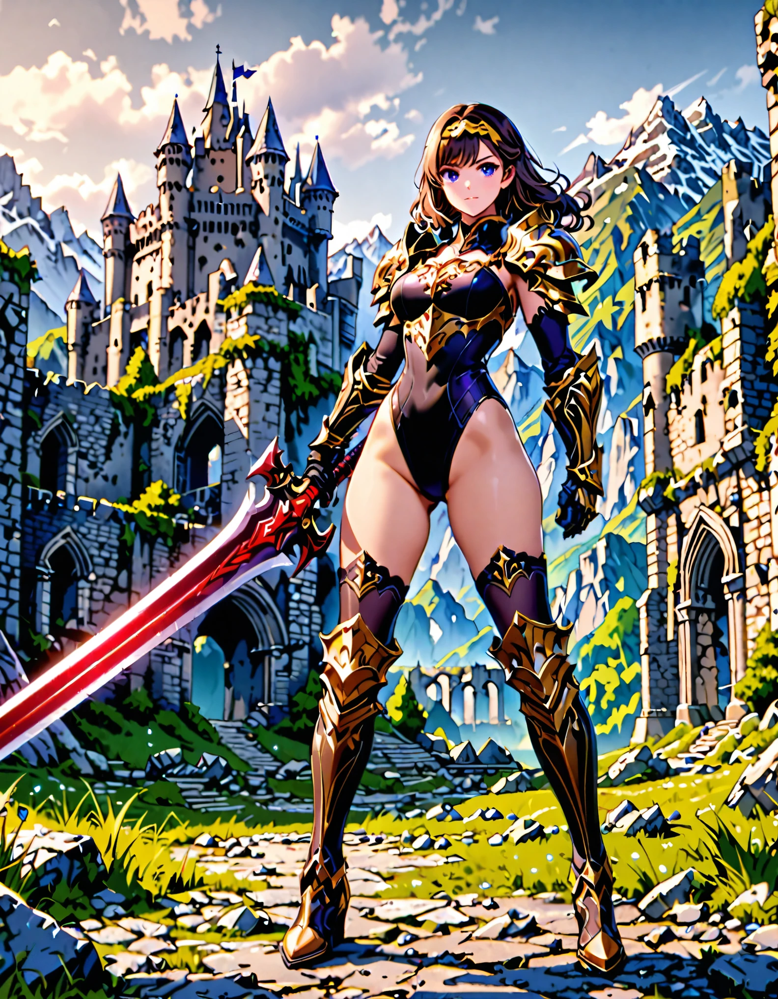 masterpiece, best quality, solo focus, 1girl, 22 years old, brown hair, (wavy hair, short hair), gold headband, purple eyes, beautiful detailed eyes, (gold medieval armor), (eagle (symbol) on chest), gauntlets, (leotard, black leotard, matching leotard, bare legs), (thighhigh leggings, boots, matching boots), standing, legs straight, perfect hands, (wielding sword, broad sword), mountain base backdrop, (ruined castle, ruins), solo, (perfect anatomy), (full body shot), cowboy shot.