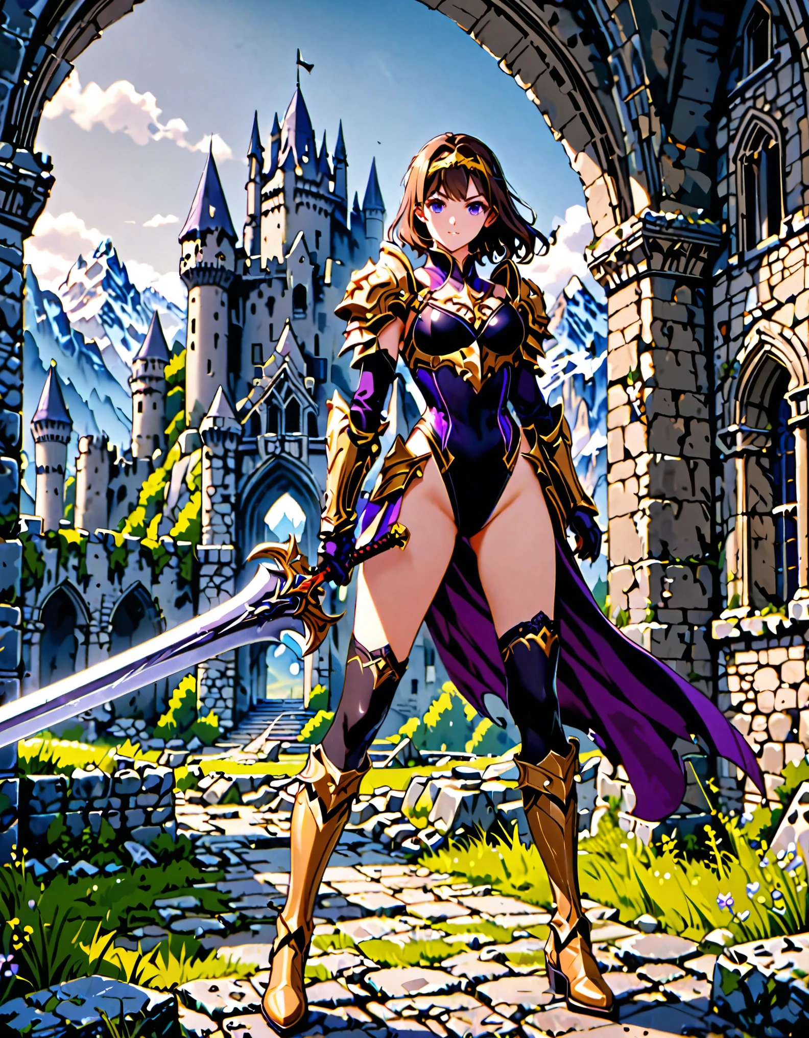 masterpiece, best quality, solo focus, 1girl, 22 years old, brown hair, (wavy hair, short hair), gold headband, purple eyes, beautiful detailed eyes, (gold medieval armor), (eagle (symbol) on chest), gauntlets, (leotard, black leotard, matching leotard, bare legs), (thighhigh leggings, boots, matching boots), standing, legs straight, perfect hands, (wielding sword, broad sword), mountain base backdrop, (ruined castle, ruins), solo, (perfect ???????), (full body shot), cowboy shot.
