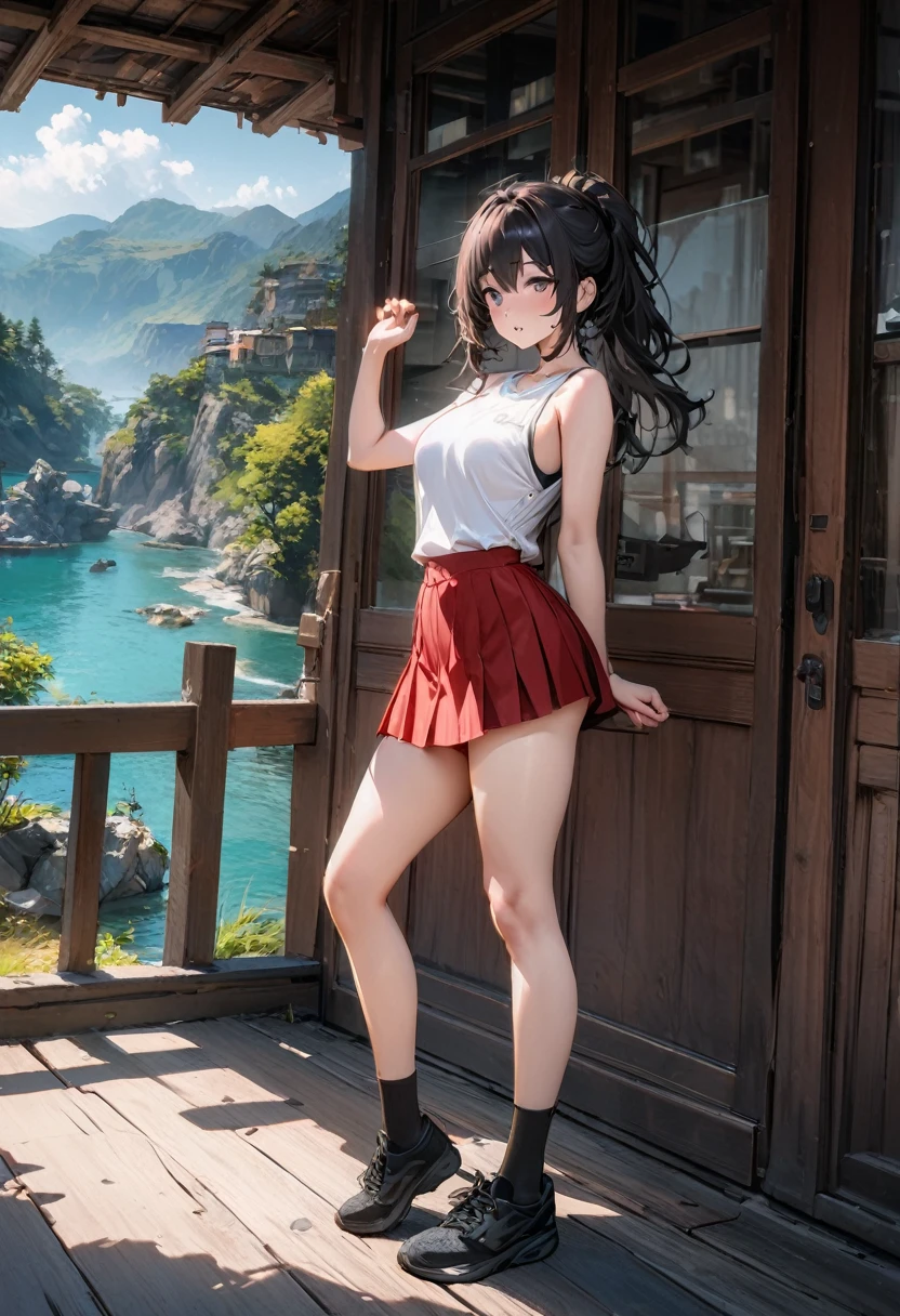 The best of Masterpiece, the best of landscapes, Improved quality, High quality, Good anatomy, Healthy body, Whole fingers, Normal digits, 16k quality image, Girl, beautiful girl, perfect body, full body, perfect girl, perfect skin, long or short messy hair or stright hair, white sleeveless shirt, handsocks, red mini skirt, black shoes, hairstyle, accessories,