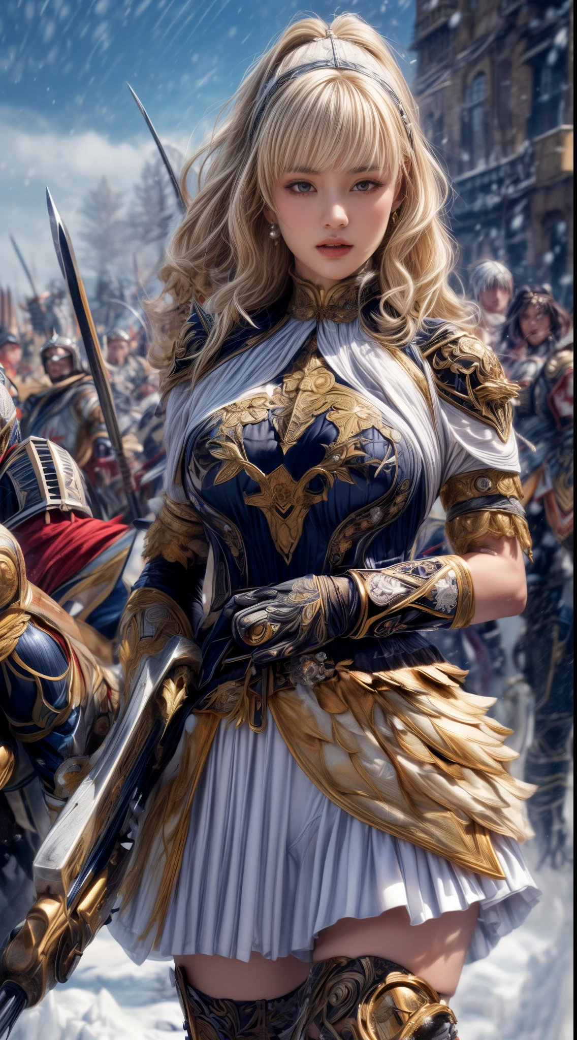 Very beautiful woman、Slender women、(Detailed face)、Realistic Skin、((holy knight)), ((Pearl White Armor))、((((Black armor with very fine and intricate decoration:1.1))))、((Delicate photo))，(Girl Astepeace RAW Photo Details:1.25), (highest quality:1.6), (超A high resolution:1.5), (Realistic:1.75), 8K resolution, Canon EOS R5, 50mm, Absurd, Ultra-detailed,Cinema Lighting,((battlefield))、((battle))、(((White skirt with embellishments)))、Thigh-high socks、Shin Guards、((Blonde))、((Curly Hair))、((Drill Hair))、((Wavy short hair with bangs,))、Get six-pack、Cape、Beautiful Armor、(((Has a huge weapon)))、(In combat)、The wind is blowing、((Symmetrical Armor))、((((Blizzard))))、(((Leading a large group of knights:1.2)))、Banner、Armor with a snow and ice motif、(((Battle Scene)))、((nsfw:1.1))、(((Underwear visible:1.1)))