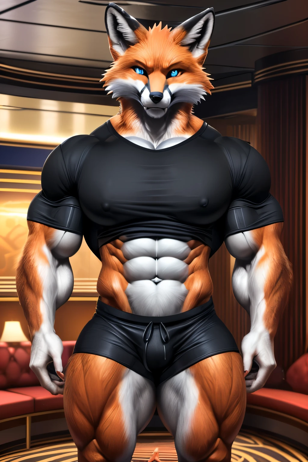 detailed handsome werefox (anime:1.5) (anthro red fox:1.5) male, furry red fox-like face, ((piercing blue eyes)), sharp fangs, muscular body, claws, dramatic lighting,cinematic, (best quality,4k,8k,highres,masterpiece:1.2),ultra-detailed,(realistic,photorealistic,photo-realistic:1.37),intricate details,highly detailed,(cruise ship room background:1.5),((glowing blue eyes)),dramatic shadows,moody atmosphere,vibrant colors,cinematic lighting, ((black pajama short:1.5)), long fangs, (full body:2),digitigrade (ten pack abs:2),(muscle:2),(big thick thighs:2),(pec breast:1.5),(white belly:2),(thight black t-shirt:2),(thick bodybuilder)