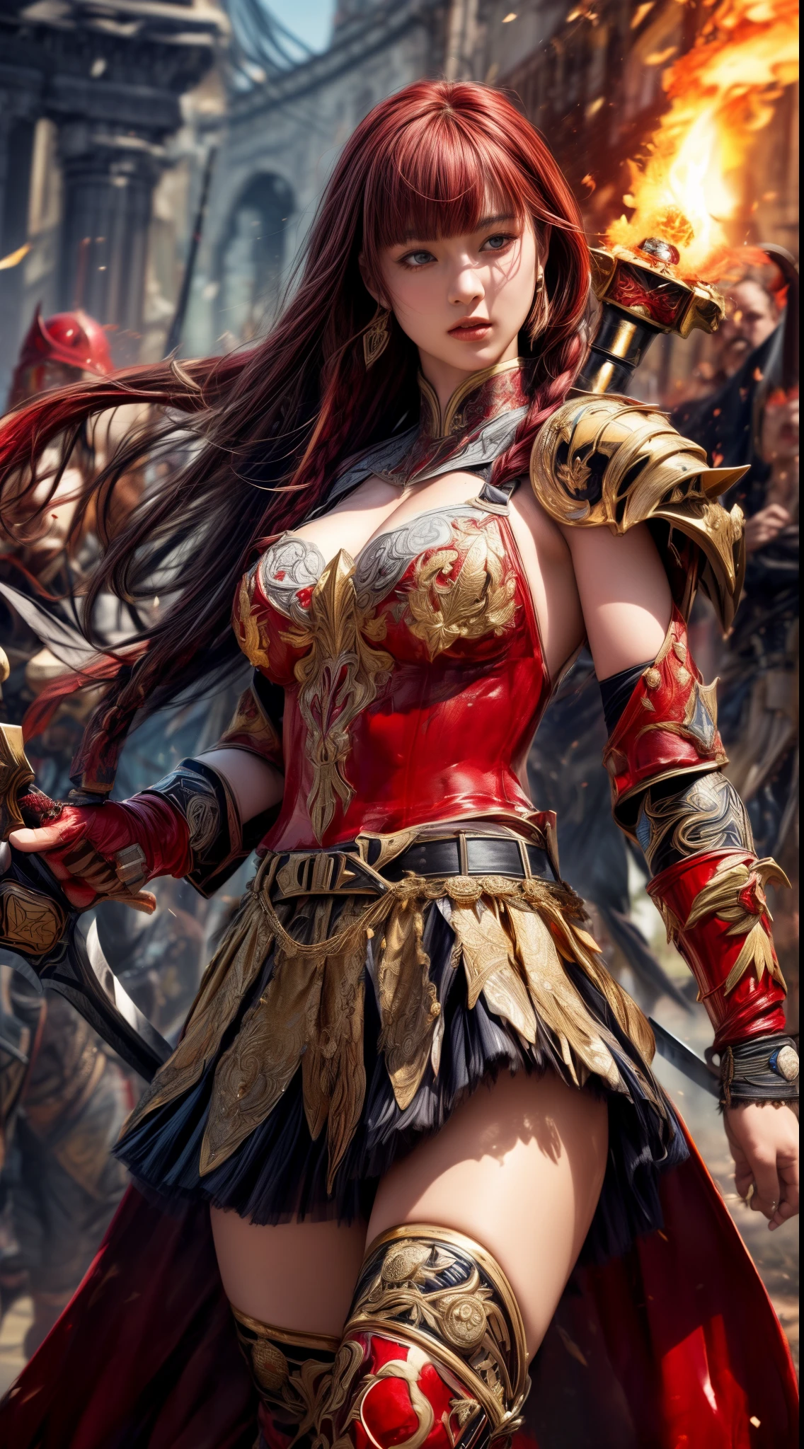 Very beautiful woman、Slender women、(Detailed face)、Realistic Skin、((Knight of Fire)), (((Red Armor:1.25)))、((((Black armor with very fine and intricate decoration))))、((Delicate photo))，(Girl Astepeace RAW Photo Details:1.25), (highest quality:1.6), (超A high resolution:1.5), (Realistic:1.75), 8K resolution, Canon EOS R5, 50mm, Absurd, Ultra-detailed,Cinema Lighting,Battlefields of Medieval Europe、((battle))、RPG World、Final Fantasy、(((Embellished skirt)))、Thigh-high socks、Shin Guards、night、((too long bangs))、((One long thick dark red hair braid))、Get six-pack、Torn Cloak、Beautiful Armor、(((Giant Sword)))、In combat、The wind is blowing、(((Inferno filling the entire area)))、(((Leading a large group of red knights)))、(((Knight Commander)))、Armor with a Phoenix motif、Old scar on right cheek:1.2、((Fire blaze))、(((Battle Scene)))、((nsfw:1.1))、(((Underwear visible:1.1)))