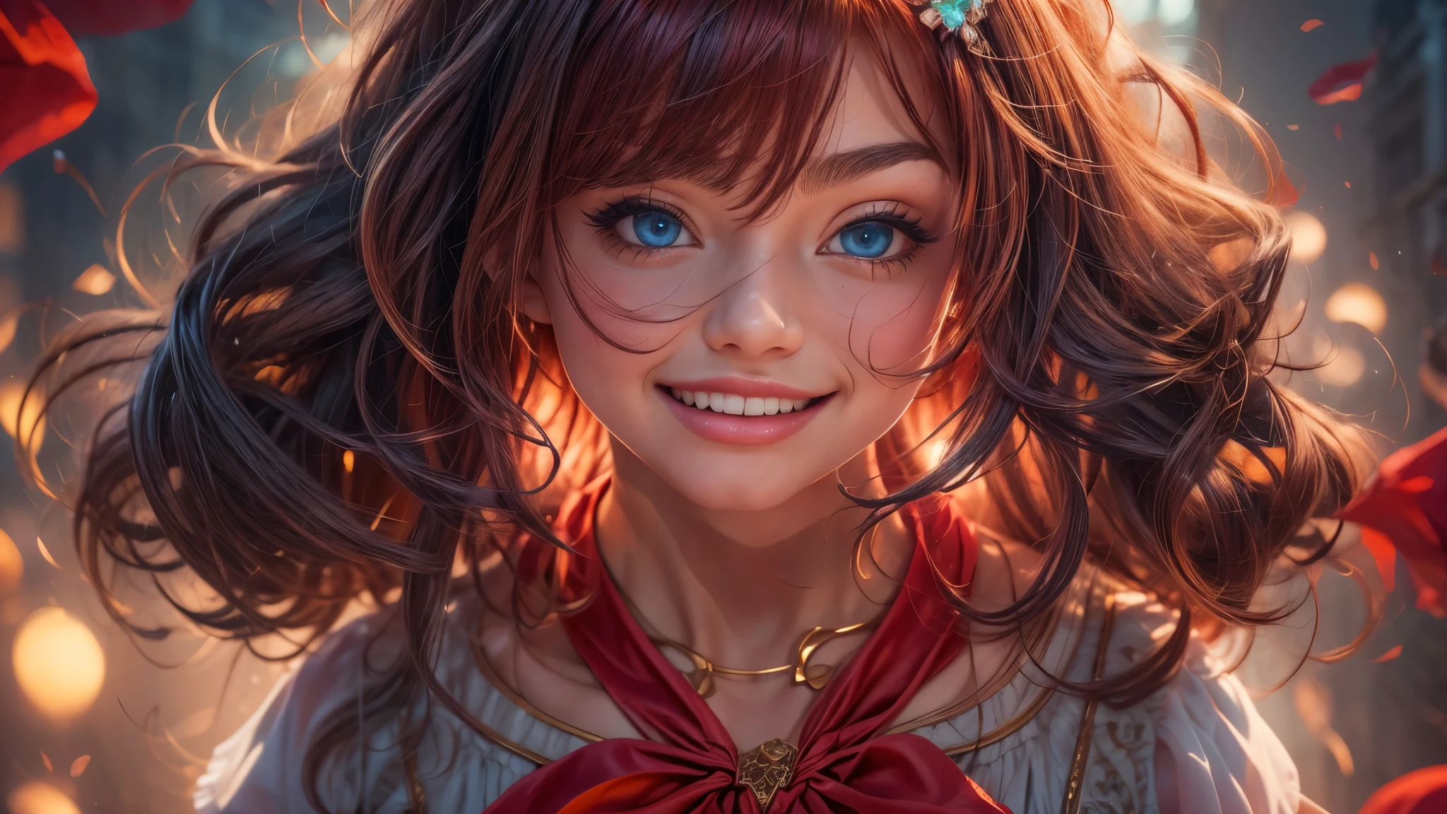 highly detailed, 8k, masterpiece, 1girl, Red tied_hair, dress , crazy_smile, (perfect_face), detailed_background, full_body, bloom,(beautiful lighting:1.3), caustics, dynamic lighting, from_below 