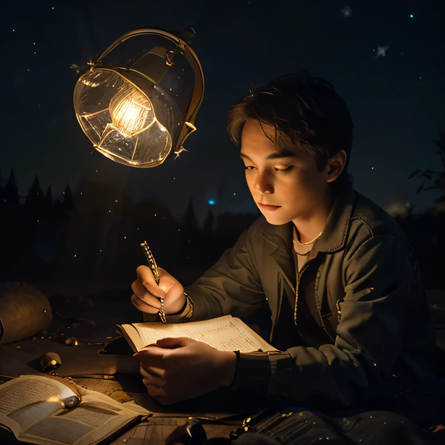 Create images with this reference to edit a video ElysianWanderer ( like a boy writer in the background of a night sky with many stars accompanied by a lamp sitting on the ground writing surrounded by fireflies Explorer of worlds and teller of stories, with a heart as vast as the universe and a mind eager for knowledge. 