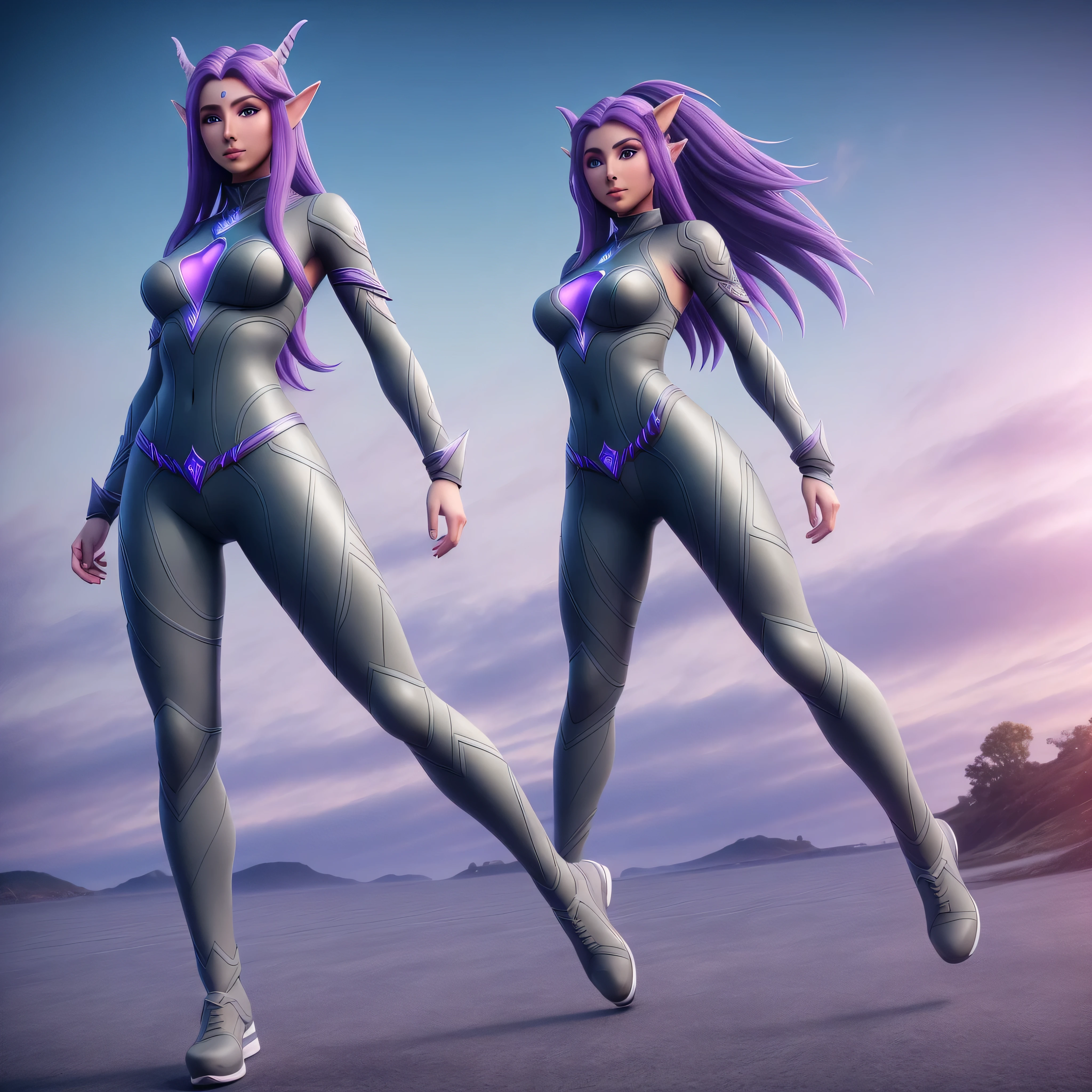 Wide angle full body photograph, T pose and with legs and feet visible of a purple skinned night elf tyrande whisperwind grey hair green eyes with arms, hands, legs, feet, hands free, wearing leggins andsportshoes, photorealistic, beautiful face, high quality, 4k, hdr