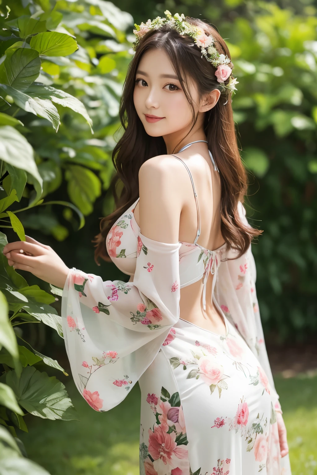 A young woman posing outdoors in what appears to be a garden、She is wearing a floral bikini and gown。The bikini is pink in color.、Features a gorgeous floral pattern。Women have long hair、Put the sleeves of the gown over your arms、I'm in a natural pose。In the background, green plants can be seen、The bright sunlight is shining down。The overall image has a fresh and natural feel.。