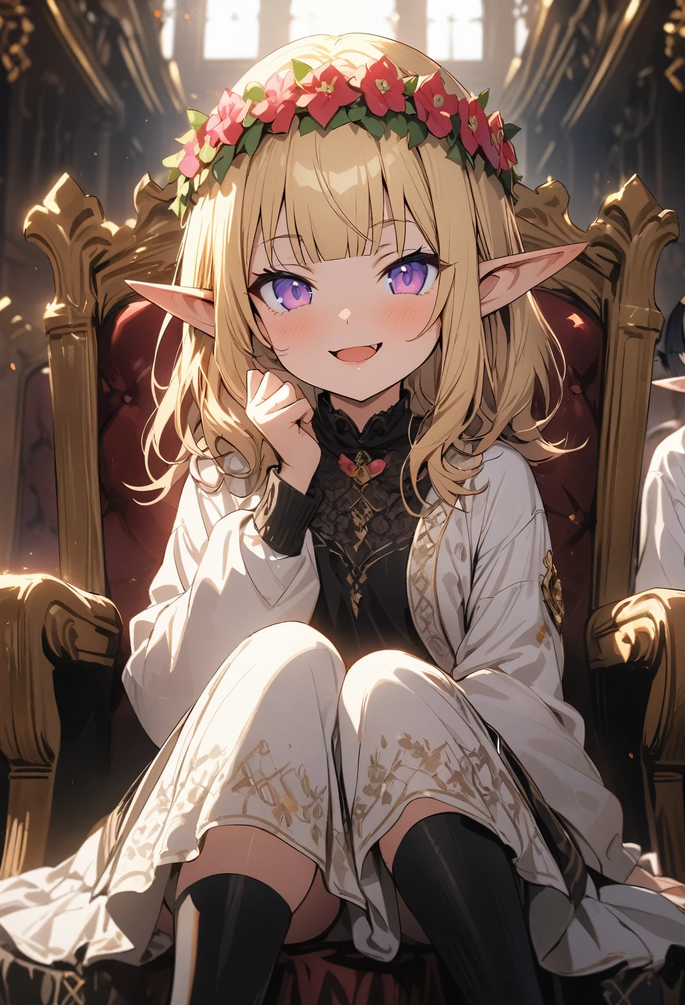 ((Masterpiece)), (Anime:1.3), ((best quality)), (super detail:1.2), (High Definition:1.3), (Professional Photography:1.2), (full body), (), 1girl, cute young girl, (very smirk), open mouth, (Beautiful purple eyes:1.3), (Glossy skin), ((elf girl)), (embroidery Noble cardigan), (small chest), slim body, (loose blunt bangs), unruly hair, (medium hair), ((beautiful blond hair)), (put on noble head wreath), BREAK, ((best quality)), (Sitting on the gorgeous tall throne), (Audience Room at the Royal Castle), (sharp focus), (perfect light), (vibrant color),