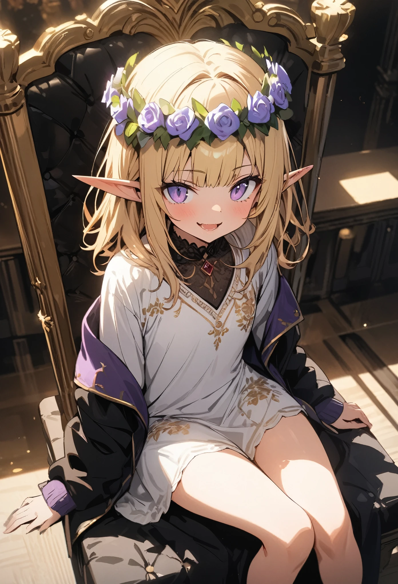 ((Masterpiece)), (Anime:1.3), ((best quality)), (super detail:1.2), (High Definition:1.3), (Professional Photography:1.2), (full body), (), 1girl, cute young girl, (very smirk), open mouth, (Beautiful purple eyes:1.3), (Glossy skin), ((elf girl)), (embroidery Noble cardigan), (small chest), slim body, (loose blunt bangs), unruly hair, (medium hair), ((beautiful blond hair)), (put on noble head wreath), BREAK, ((best quality)), (Sitting on the gorgeous tall throne), (Audience Room at the Royal Castle), (sharp focus), (perfect light), (vibrant color),