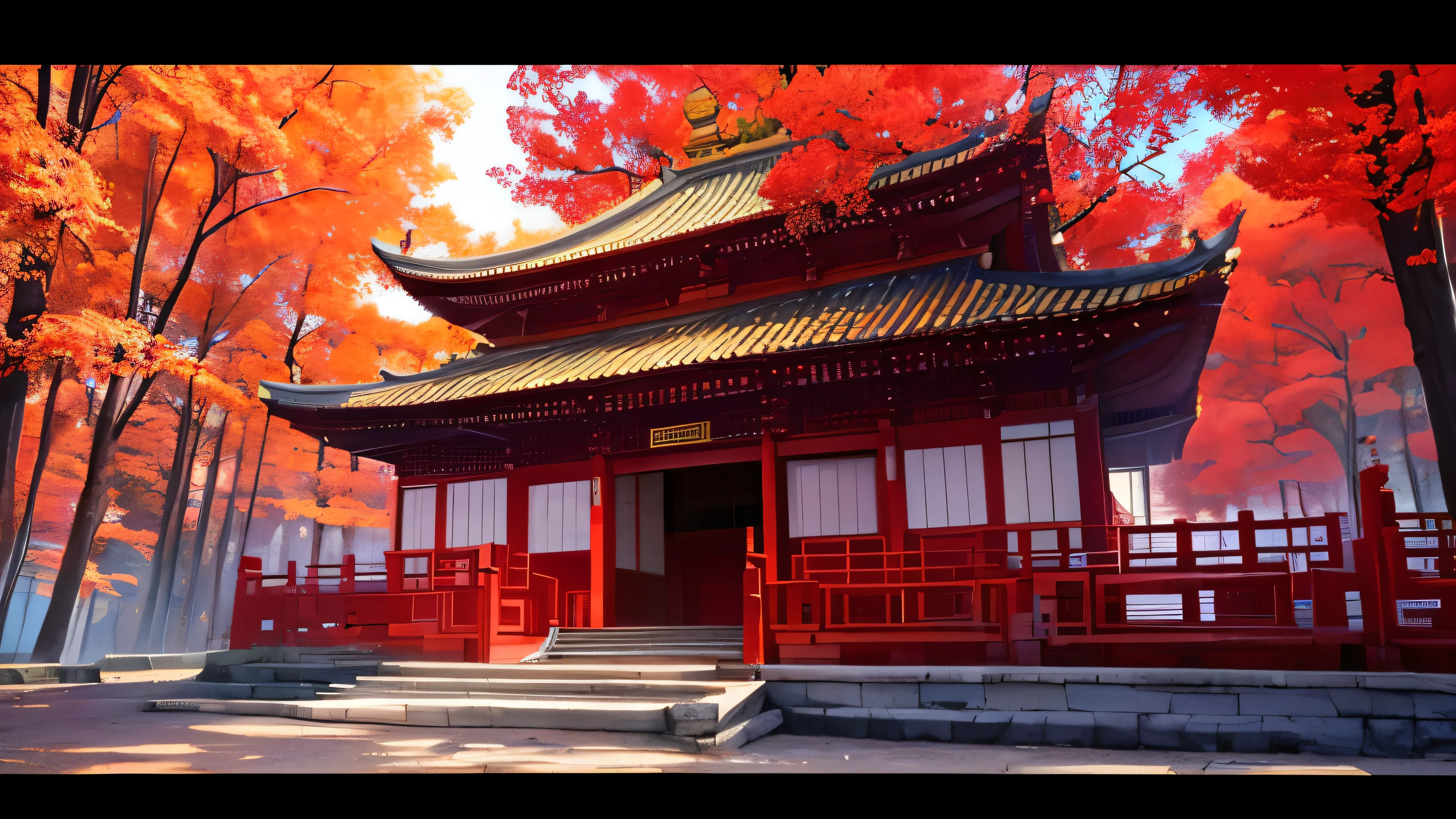 A detailed, serene Chinese temple nestled in a lush red forest, surrounded by vibrant red flowers and towering red trees, with a mystical red moon shining overhead (best quality,4k,8k,highres,masterpiece:1.2),ultra-detailed,(realistic,photorealistic,photo-realistic:1.37),chinese temple,red forest,red flowers,higambana,red moon,wolf statue,intricate architectural details,dramatic lighting,ethereal atmosphere,vivid colors,cinematic composition