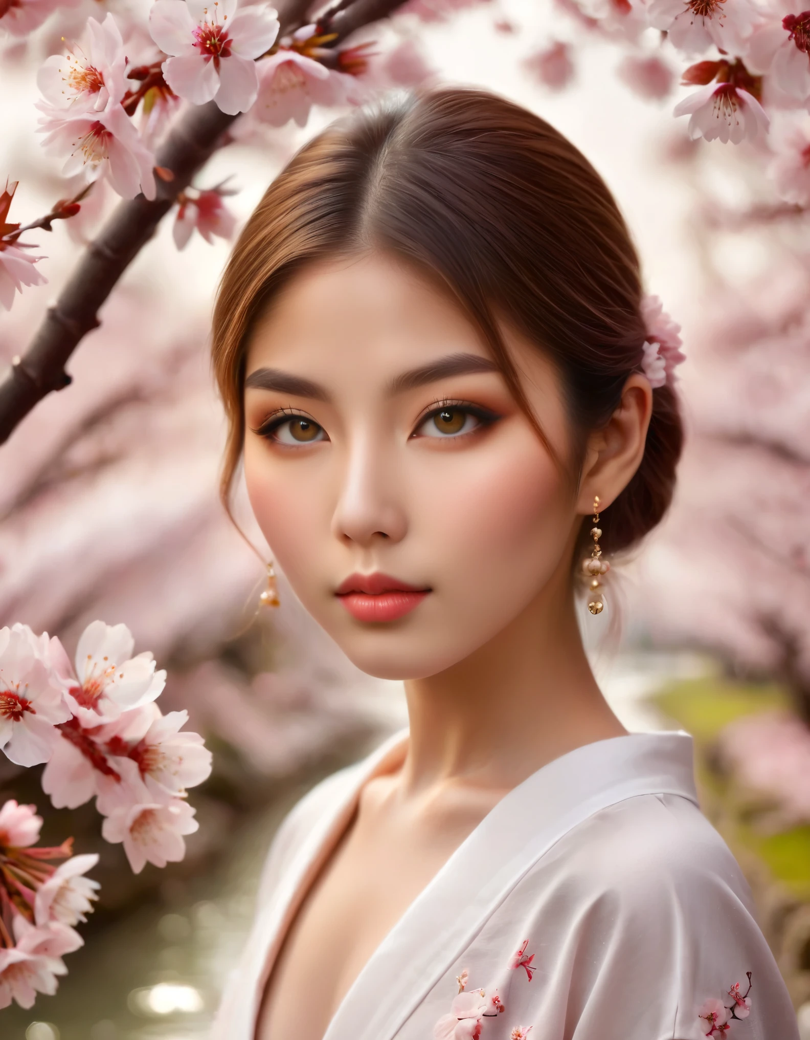 1girl in a tranquil japanese garden during cherry blossom season,beautiful detailed eyes,beautiful detailed lips,extremely detailed face and skin,((cherry blossoms floating in the air:1.5)),natural beauty,serenity,photorealistic,masterpiece,vibrant colors,warm lighting,cinematic,highly detailed,professional photography