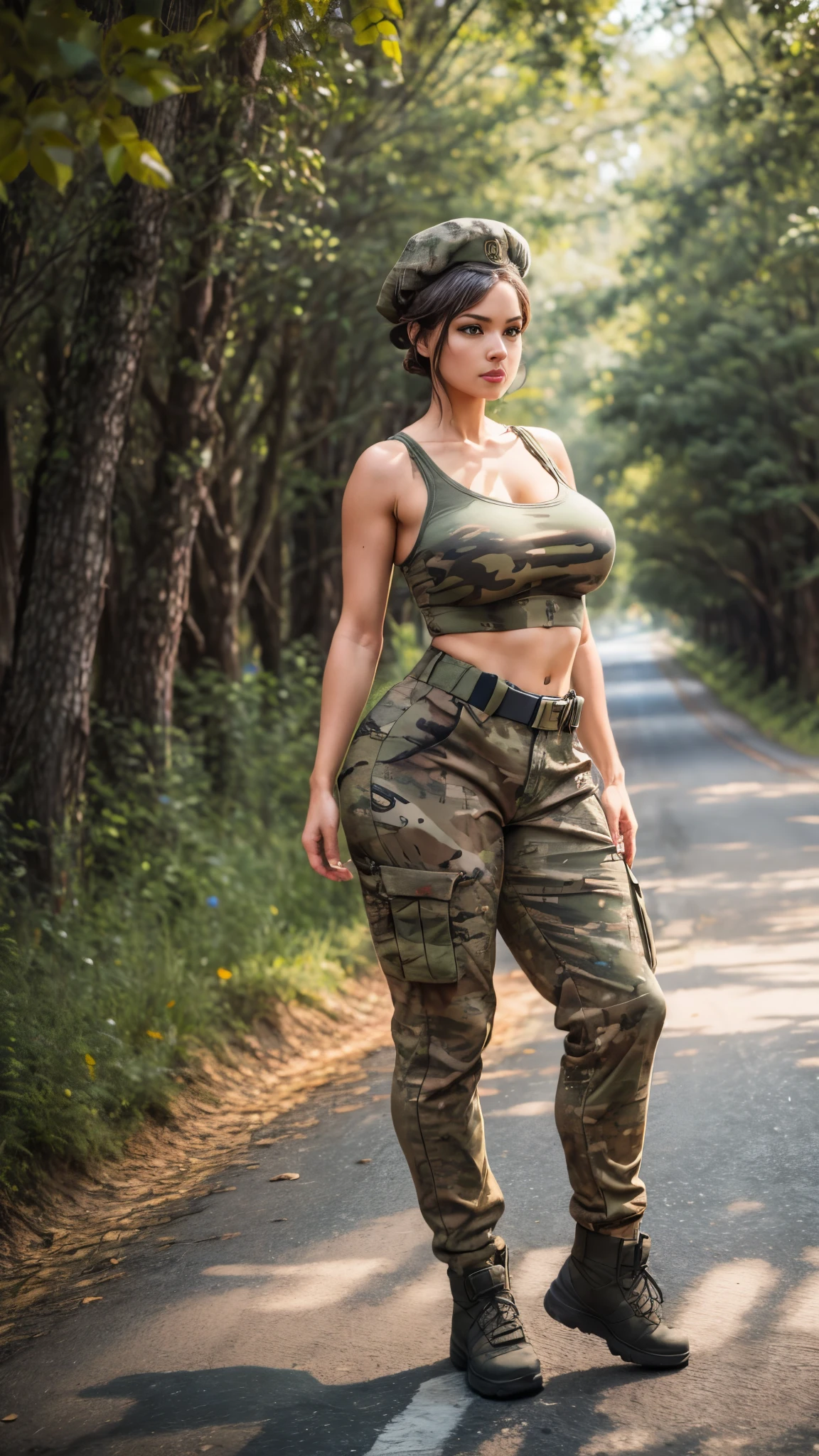 sexy woman big breasts athletic body thick thighs wearing camouflage pants tactical belt t-shirt military green tank top blue military beret scenery a road surrounded by trees 