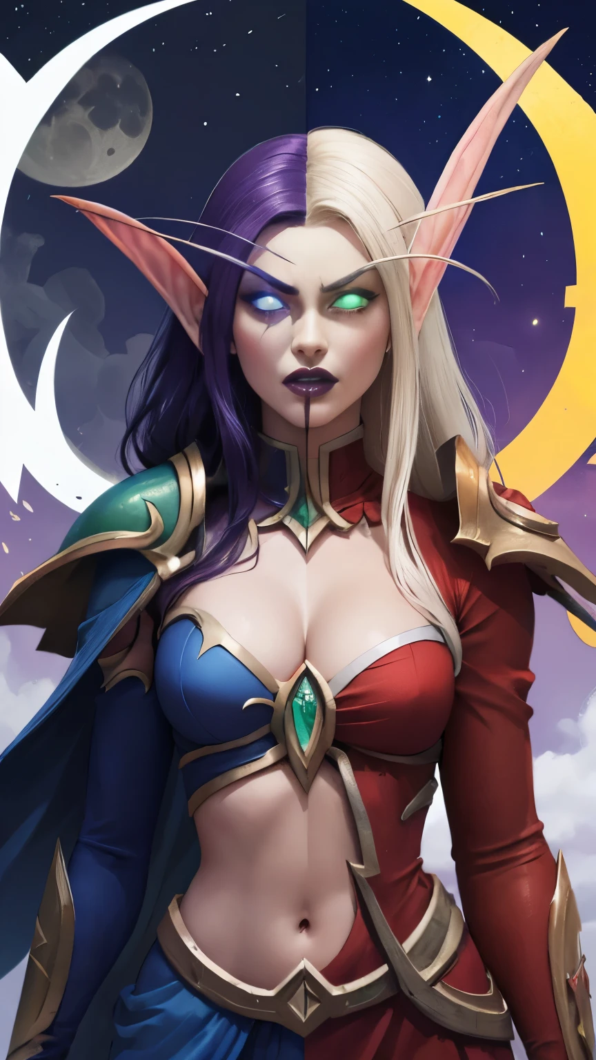 (Masterpiece, highly detailed, highly quality,  highly resolutions), 2 Pointy Ears, 2 eyebrows, line between the middle, Split Colored Hair in the Middle, cut the screen in the Middle, cut the Sun and Moon in Half, Split Colored Lips in the Middle, ({{BREAK nightelf, SplitScreen, split screen, Left screen, angry, clenched teeth, glowing eyes, left blue eyes, left Purple Hair, colored skin, mature female, purple Dress, purple shoulder pad, Navel, Cleavage, purple lips, looking at viewer, night, Sleeve, Long eyebrows, Princess of the Moon, Moon Background, left Half Moon center}}), vs, (BREAK bldelf, SplitScreen, splitscreen, Right Screen, angry, clenched teeth, glowing eyes, right Green eyes, right Blonde hair, colored sclera, mature female, Red Dress, red shoulder pad, Navel, cleavage, red lips, looking at viewer, day, Sleeves, long Eyebrows, Princess of the Sun, Sun Background, right Half Sun center))