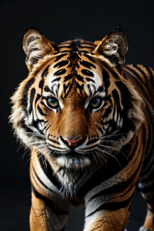 a close up of a Tigre walking on a black background, Tigre_fera, a Tigre, ((Tigre)), foto de animal de arte digital, Tigre, half Tigre, Animal ultra realista de 8k, animal altamente detalhado, hybrid animal, anthropomorphic Tigre, ( ultra realistic, Tigres, CGI 3D, CGI 3D, gerado por computador, CGI animation