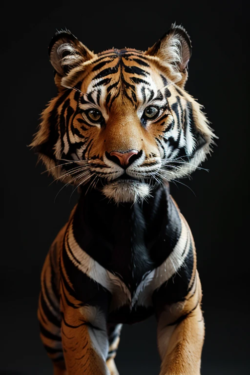 a close up of a Tigre walking on a black background, Tigre_fera, a Tigre, ((Tigre)), foto de animal de arte digital, Tigre, half Tigre, Animal ultra realista de 8k, animal altamente detalhado, hybrid animal, anthropomorphic Tigre, ( ultra realistic, Tigres, CGI 3D, CGI 3D, gerado por computador, CGI animation