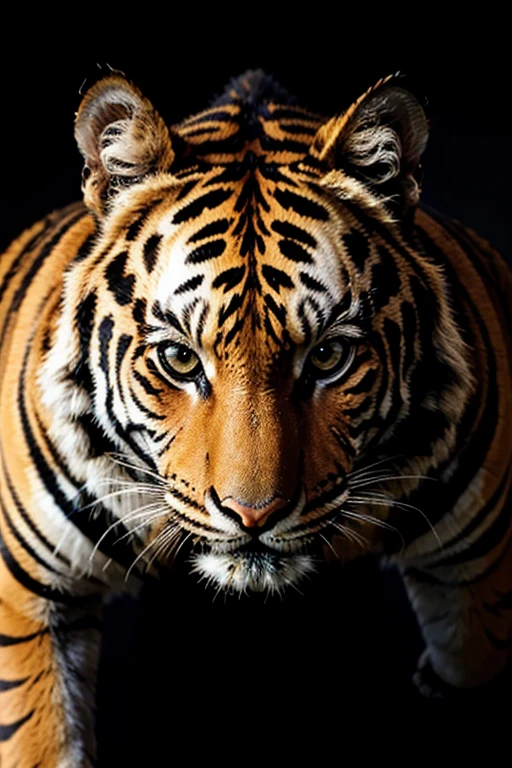 a close up of a Tigre walking on a black background, a digital rendering inspired by Augustin Meinrad BächTigre, zbrush central, sumatraism, Tigre_fera, a Tigre, ((Tigre)), foto de animal de arte digital, Tigre, half Tigre, Animal ultra realista de 8k, animal altamente detalhado, hybrid animal, anthropomorphic Tigre