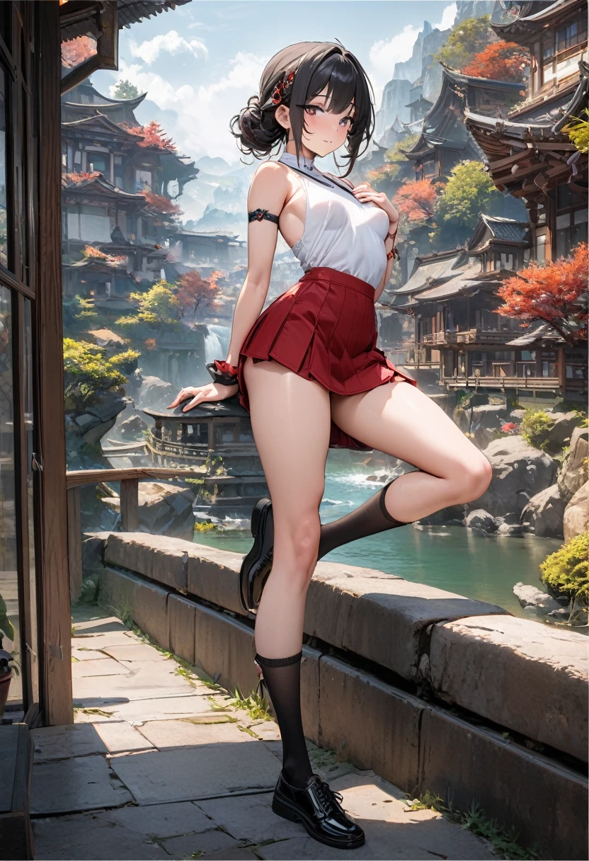 The best of Masterpiece, the best of landscapes, Improved quality, High quality, Good anatomy, Healthy body, Whole fingers, Normal digits, 16k quality image, Girl, beautiful girl, perfect body, full body, perfect girl, perfect skin, long or short messy hair or stright hair, white sleeveless shirt, hand socks, red mini skirt, black shoes, hairstyle, ear accessories, neck accessories, arm accessories, slip breast, small breasts