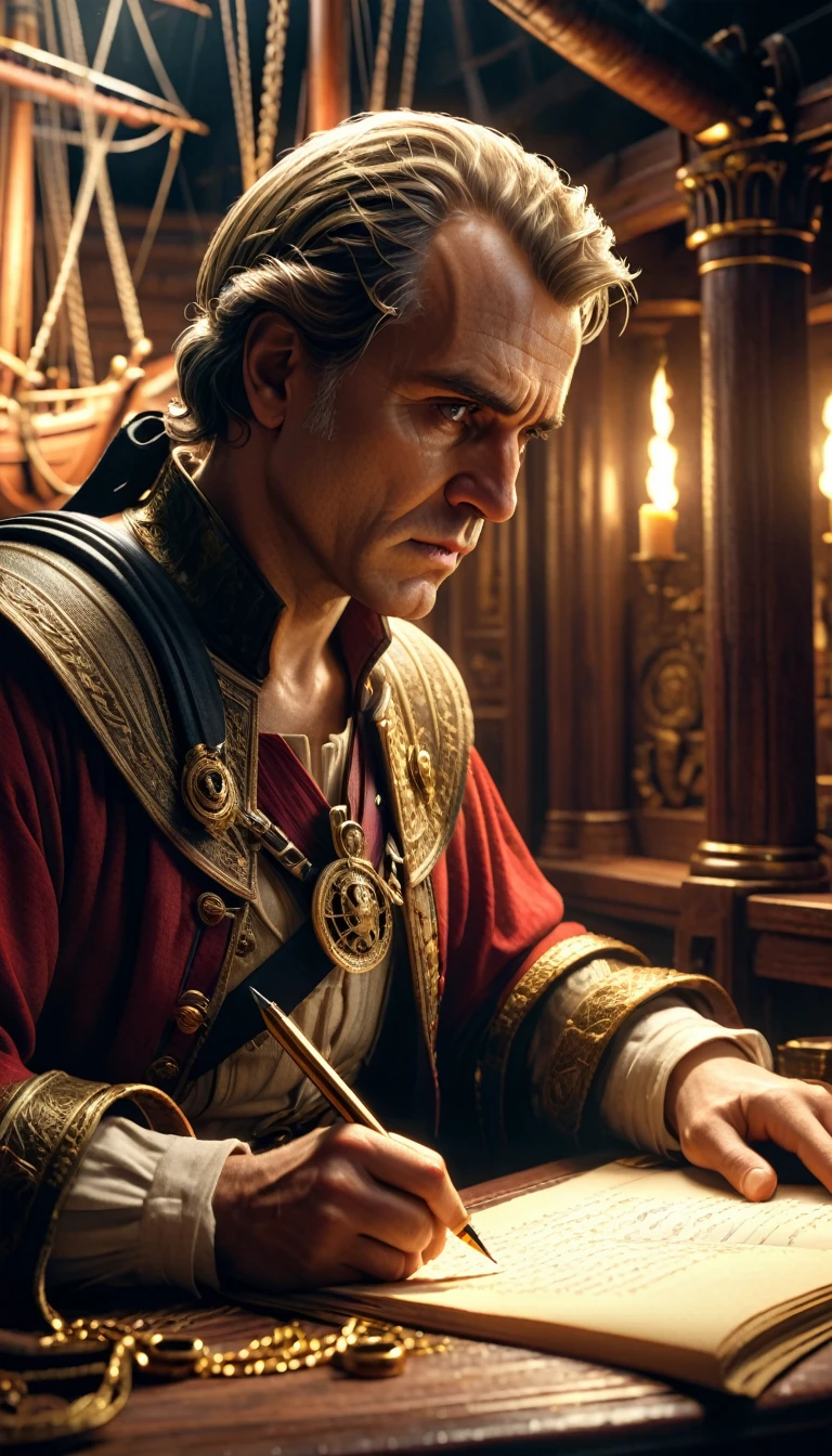 Cinematic style, Julius Caesar writing poetry on a pirate ship, digital UHD (64k) image, cinematic film still dramatic side lighting, dramatic intense stare closeup portrait,  hdr,  shallow depth of field, vignette, highly detailed, high budget Hollywood film, cinemascope, moody, epic, gorgeous
, Highly detailed and clean, Photorealistic and cinematic masterpiece, professional photography, realistic, realism, 200k , Raytracing and light effect, digital, perfect composition, beautiful detailed intricate insanely detailed octane render trending on artstation, 8 k artistic photography, photorealistic concept art, soft natural volumetric cinematic perfect light, award - winning photograph, masterpiece, raphael, caravaggio, greg rutkowski, beeple, beksinski, giger