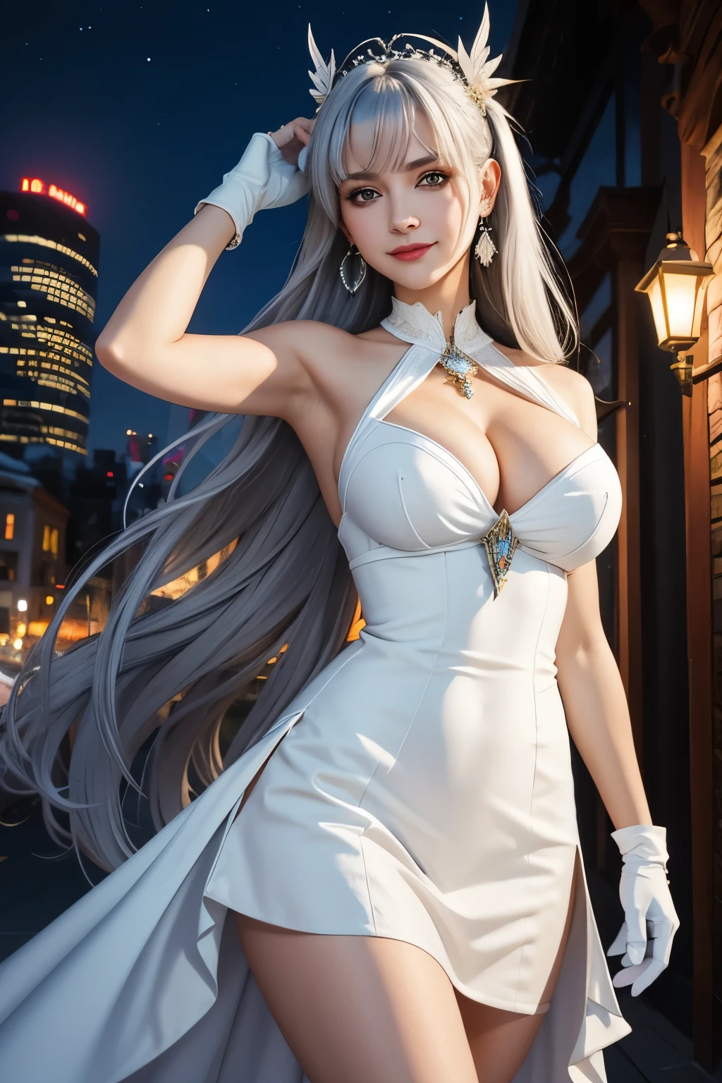 (Realistic painting style:0.9), masterpiece, best quality,  absurdres, looking at viewer, solo, bronya zaychik (silverwing n-ex), bronya zaychik, red pupils, 1girl, solo, breasts, long hair, dress, grey hair, cleavage, looking at viewer, smile, closed mouth, bangs, grey eyes, jewelry, single glove, earrings, white dress, gloves, bare shoulders, sleeveless dress, drill hair, sleeveless, single sleeve, hair between eyes, large breasts, twin drills, white sleeves, hair ornament, single pauldron, city, night