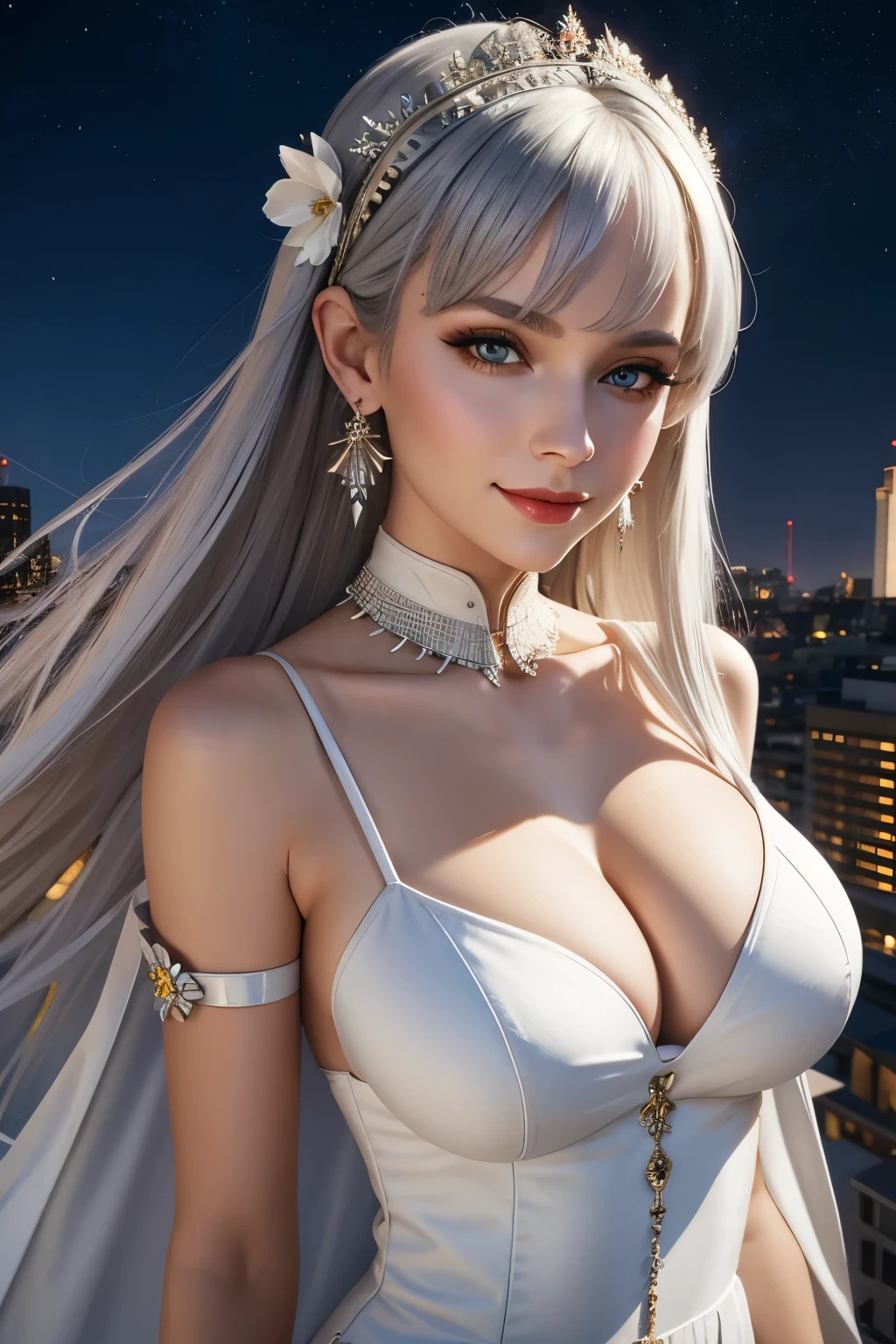 (Realistic painting style:0.9), masterpiece, best quality, absurdres, looking at viewer, solo, bronya zaychik (silverwing n-ex), bronya zaychik, red pupils, 1girl, solo, breasts, long hair, dress, grey hair, cleavage, looking at viewer, smile, closed mouth, bangs, grey eyes, jewelry, single glove, earrings, white dress, gloves, bare shoulders, sleeveless dress, drill hair, sleeveless, single sleeve, hair between eyes, large breasts, twin drills, white sleeves, hair ornament, single pauldron, city, night