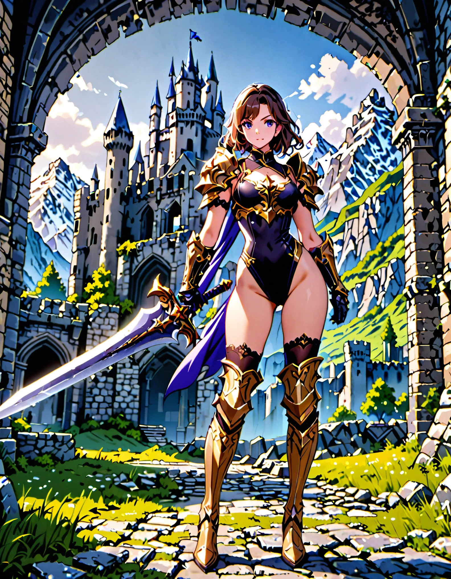 masterpiece, best quality, solo focus, 1girl, 22 years old, brown hair, (wavy hair, short hair), gold headband, purple eyes, beautiful detailed eyes, (gold medieval armor), (eagle (symbol) on chest), gauntlets, (leotard, black leotard, matching leotard, bare legs), (thighhigh leggings, boots, matching boots), standing, legs straight, (perfect hands, wielding sword, broad sword), mountain base backdrop, (ruined castle, ruins), solo, (perfect anatomy), (full body shot), cowboy shot.