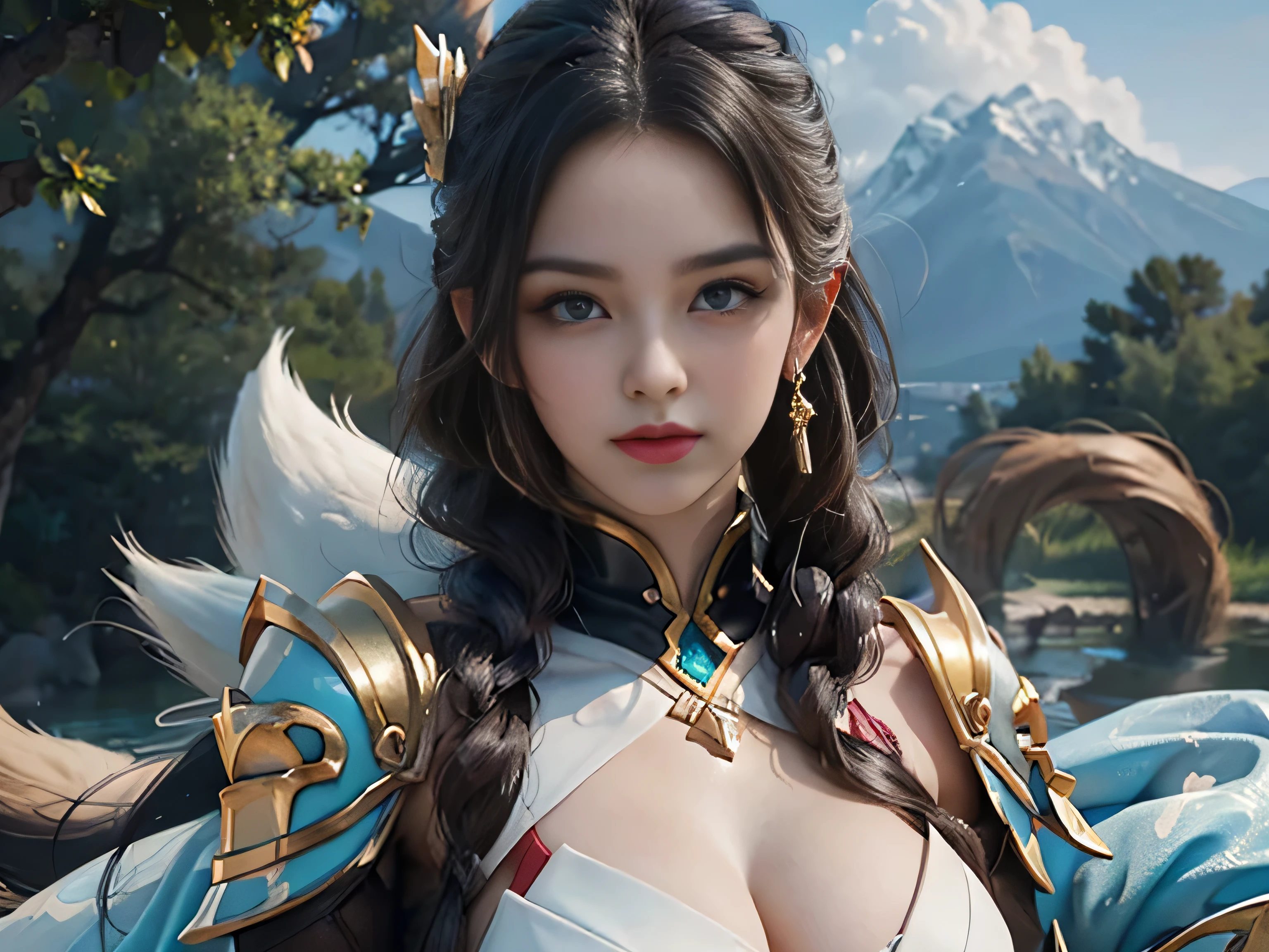 ((No NSFW)), tmasterpiece，Best quality at best，A high resolution，8k，((Portrait))，Original photo，real photograph，digital photography，Female model's face in focus, shallow DOF, From_below:1.0, wide angle full body Cowboy shot of female model, 21-year-old girl, (Female adventurer in the medieval fantasy style)，(Magic Warrior in the Fantasy World)，(Hair gradients of black and red)，Gray Random Hair style，(White and gray gradient long hair，Gray)，Red eyes，An extravagant ornament，(Big breasts)，parted lips，Keep your mouth shuegant and charming，((Blushing))，facial expression of haughty contempt，Calm and handsome face，small and wasp waist, wide hips, plump thighs, (Medieval fantasy combat suit，Joint Armor，Light weight leather protection，The Beautiful Magic Badge，Medieval armor combined with leather and metal，A delicate pattern，cloak)，Photo pose of (Woman warrior)，medieval characteredieval fantasy style，rainy days，Lightning，forest background，oc render reflection texture, The camera is not show female model's hands and fingers, showing her body from her head to her crotch.
